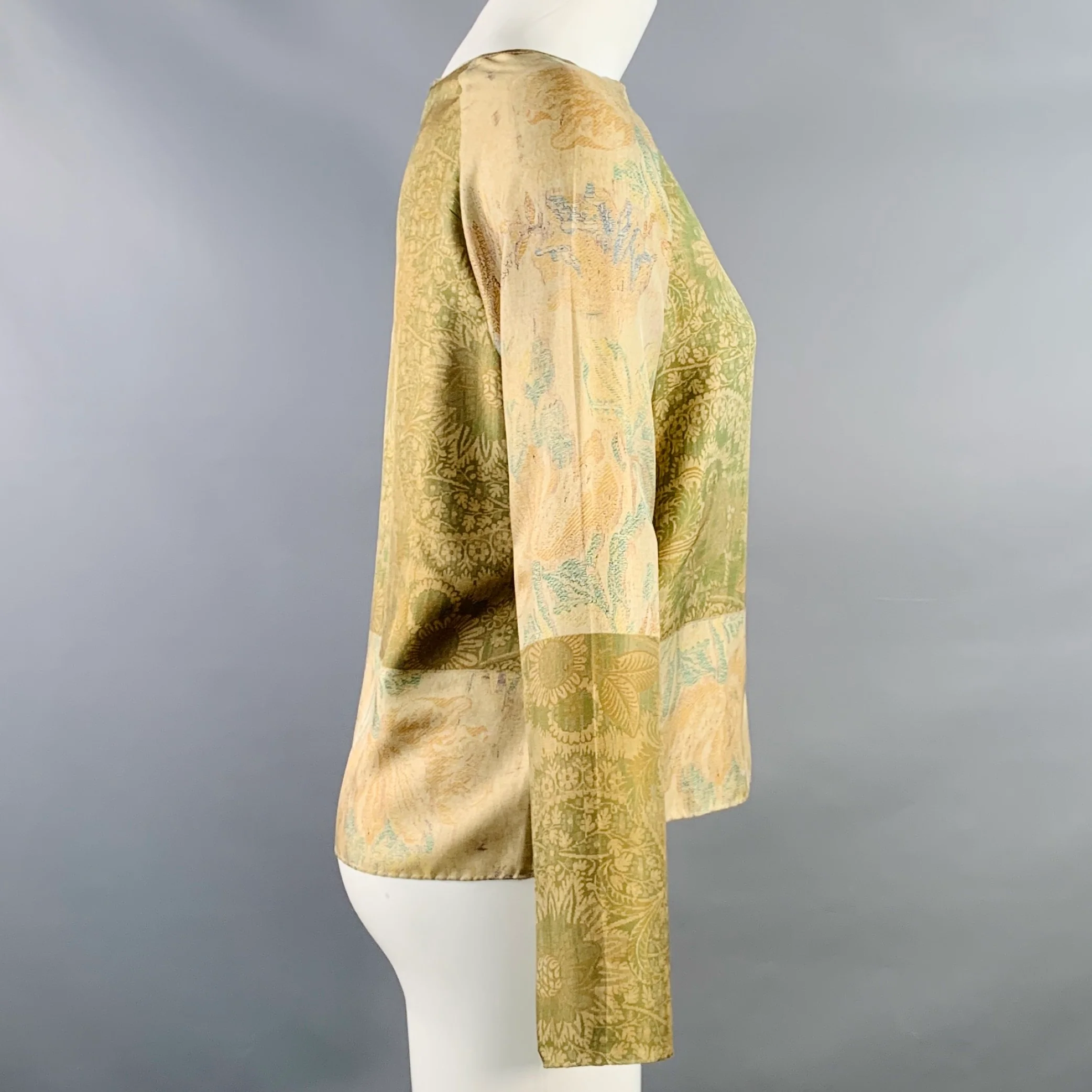 PIERRE-LOUIS MASCIA Size XS Green Brown Silk Floral Long Sleeve Dress Top - Image 5
