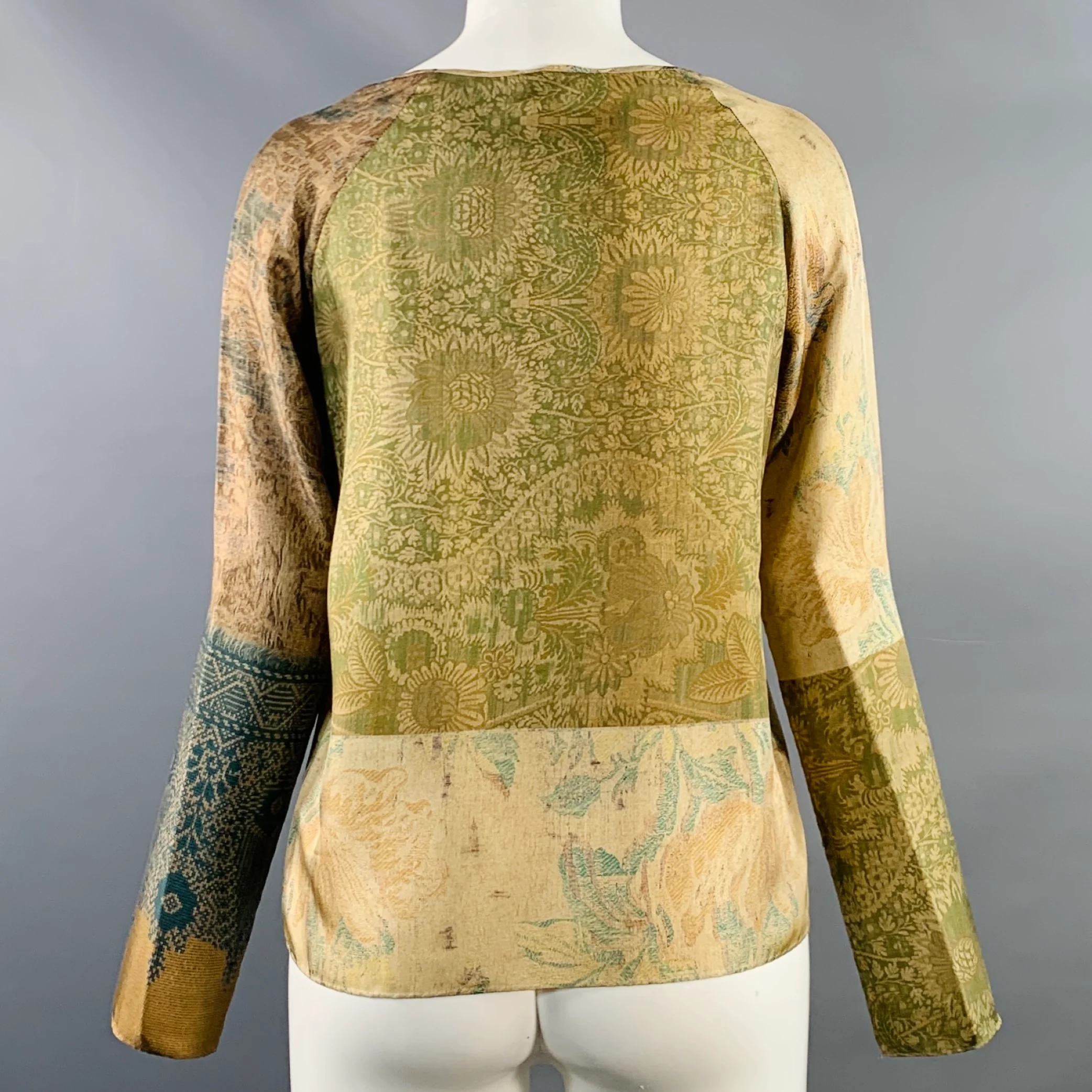 PIERRE-LOUIS MASCIA Size XS Green Brown Silk Floral Long Sleeve Dress Top - Image 6
