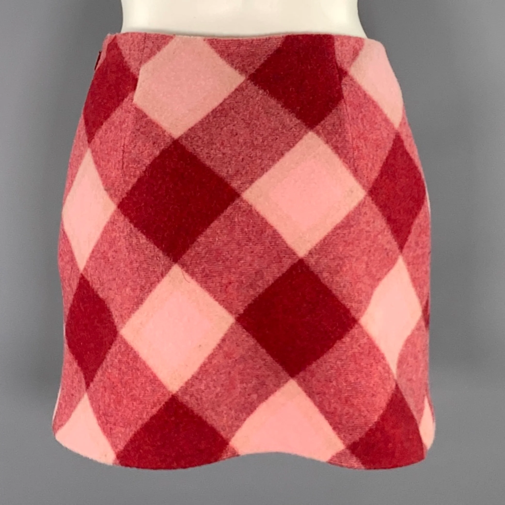 PINKO Size S Pink Burgundy Wool Blend Plaid High Waisted Mini Skirt - Image 2
