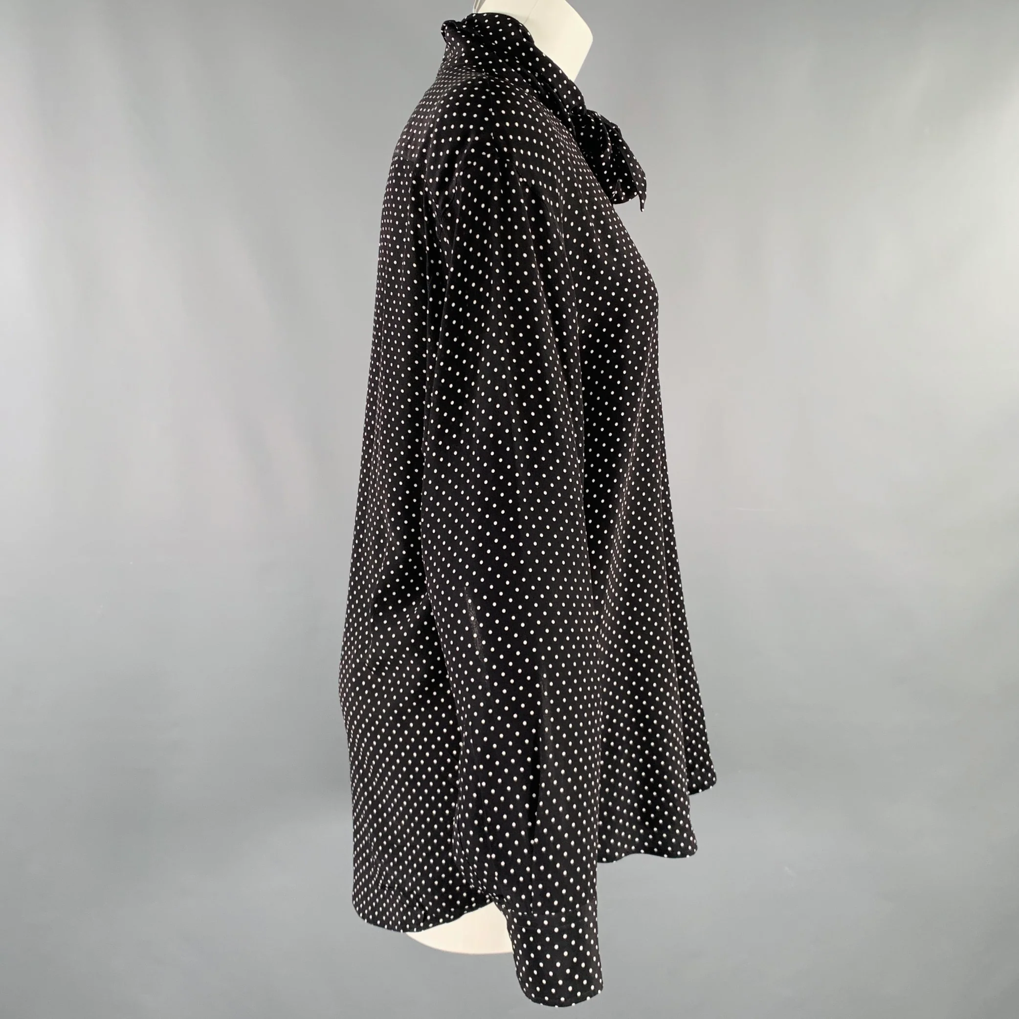 PLAN C Size M Black White Silk Polka Dot Bow Shirt - Image 3