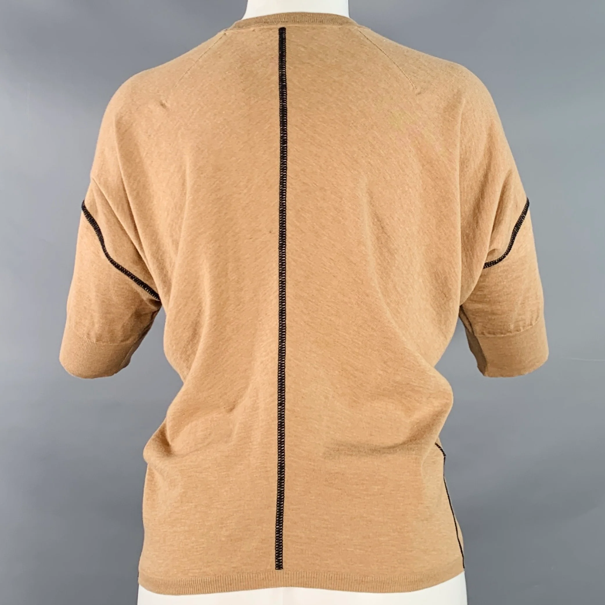 PLAN C Size XS Tan Black Cotton Cashmere Crew Neck Casual Top - Image 3