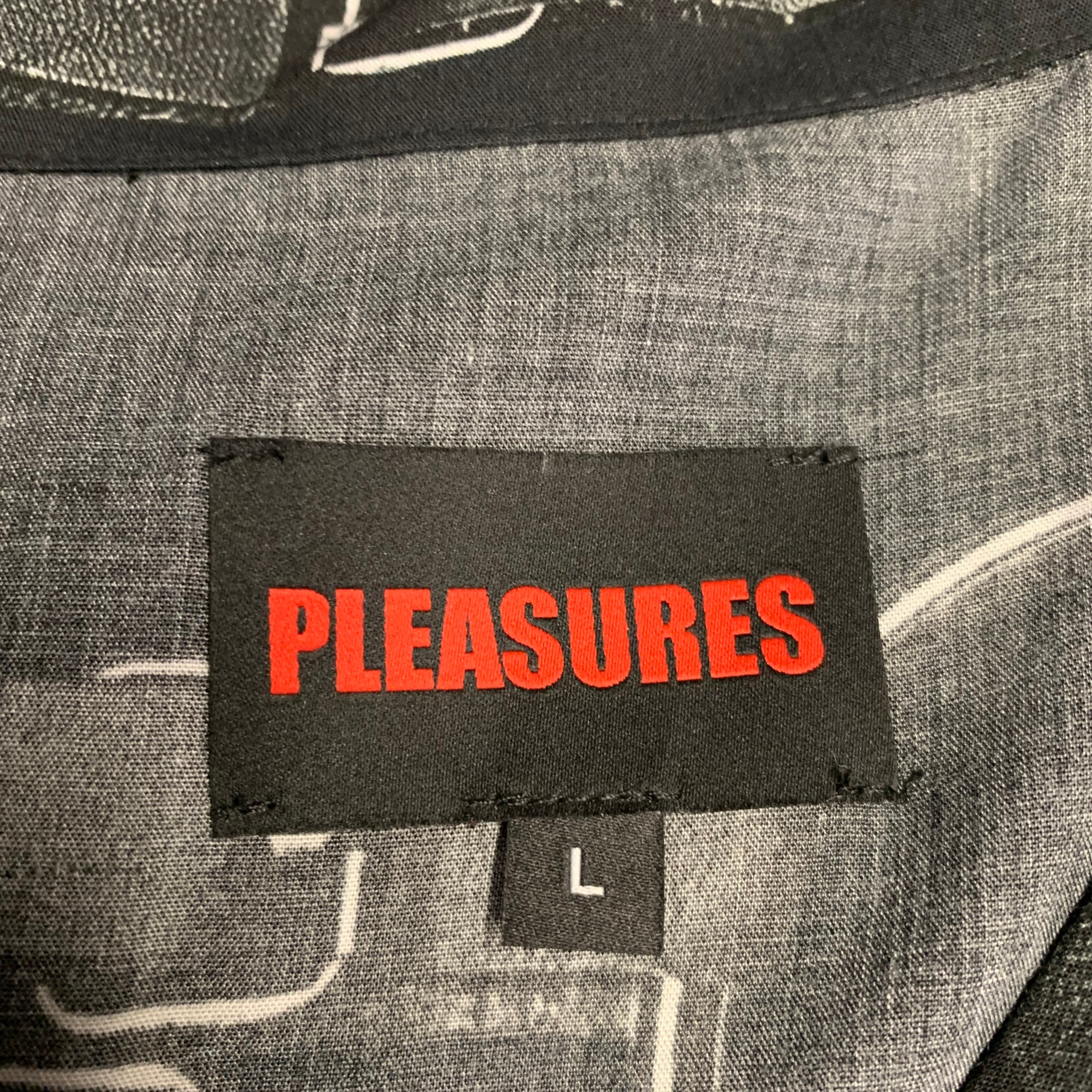 PLEASURES Size L Black White Print Rayon Camp Short Sleeve Shirt - Image 4