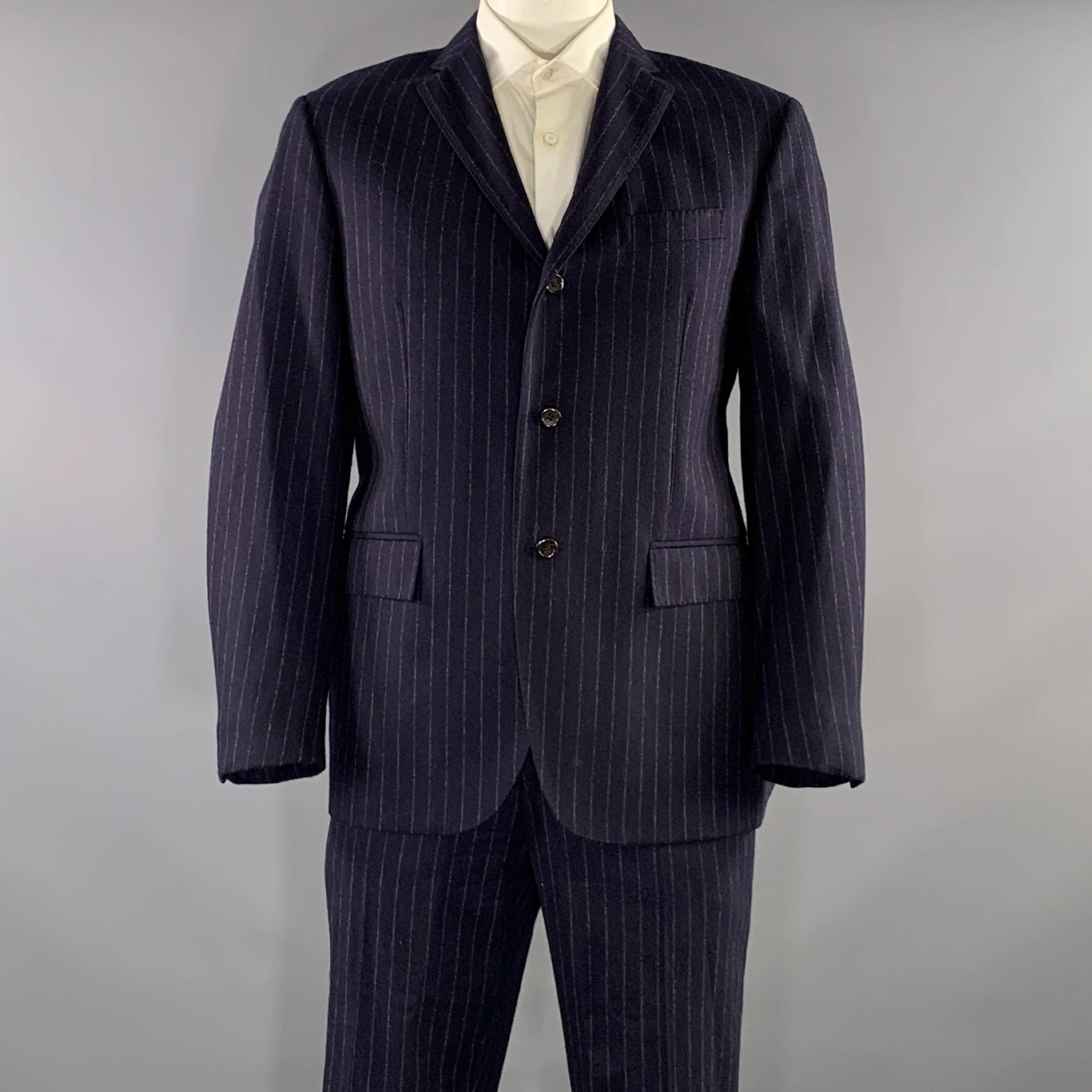 POLO by RALPH LAUREN Chest Size 44 Navy Grey Pinstripe Wool Cashmere 36 30 Suit