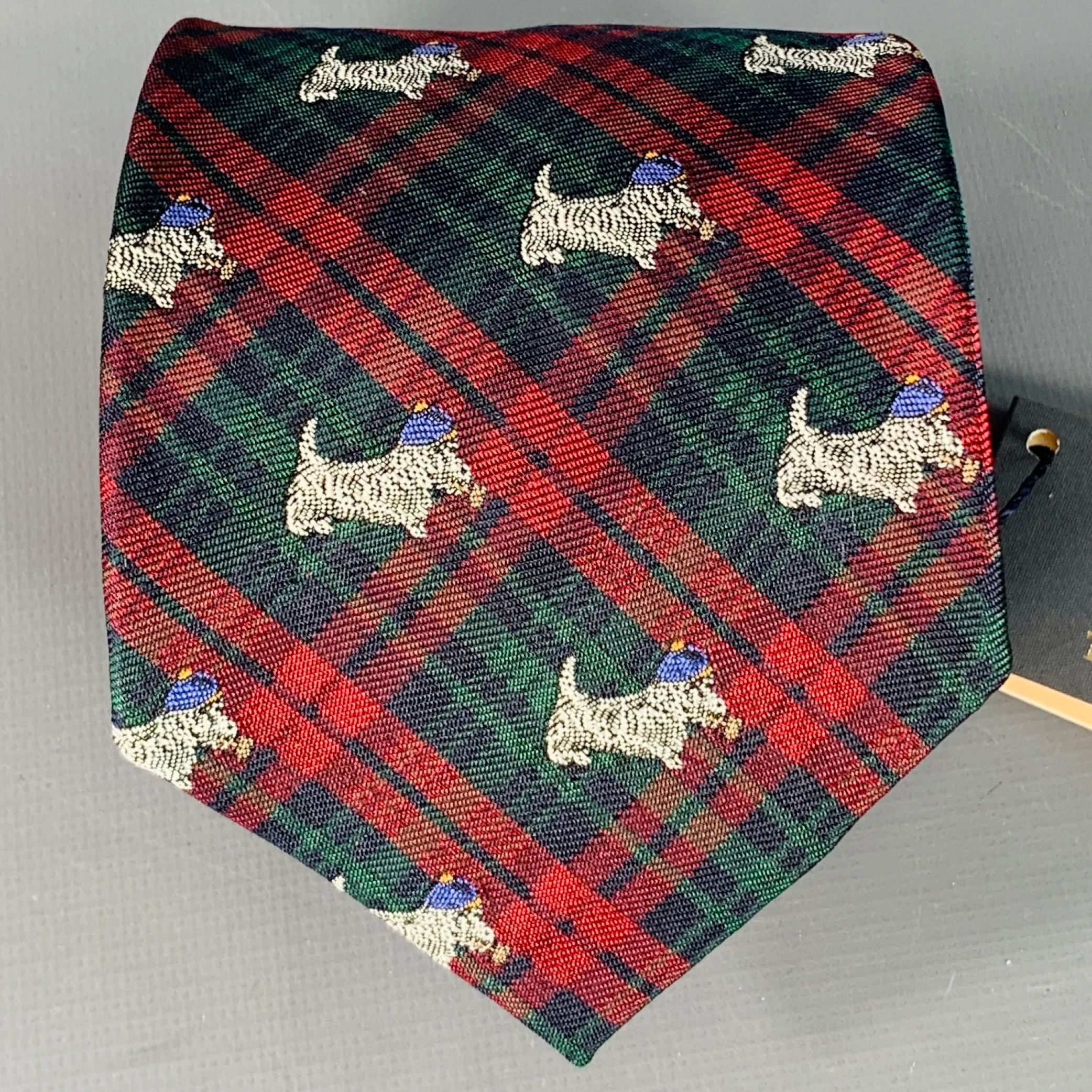 POLO by RALPH LAUREN Scottish Terrier Red Green Plaid Silk Tie