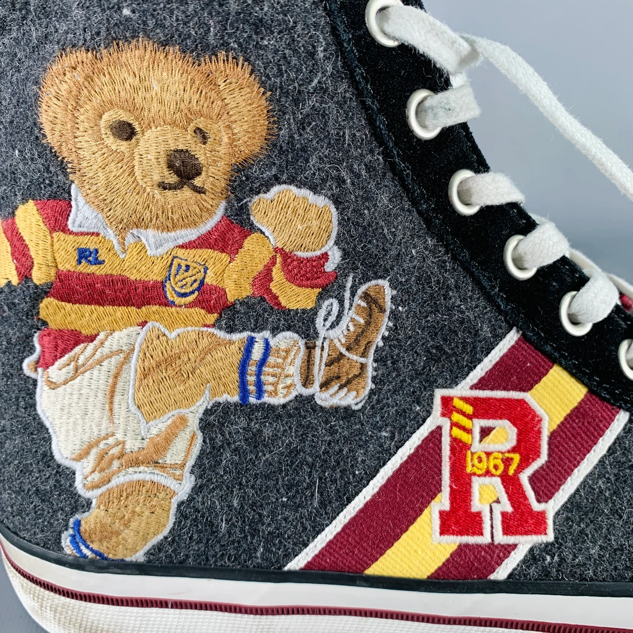 POLO by RALPH LAUREN Size 10.5 Solomon II Grey Burgundy Polo Bear Flannel High Top Sneakers - Image 3