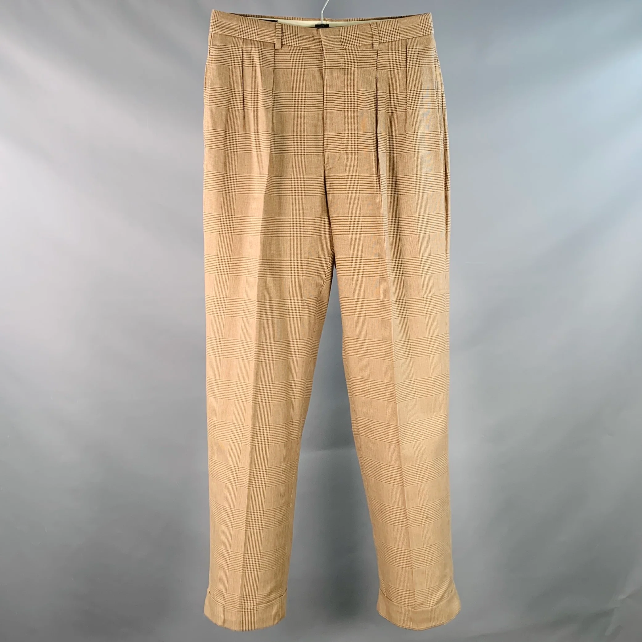 POLO by RALPH LAUREN Size 30 Brown Beige Glenplaid Cotton Pleated Tapered Dress Pants