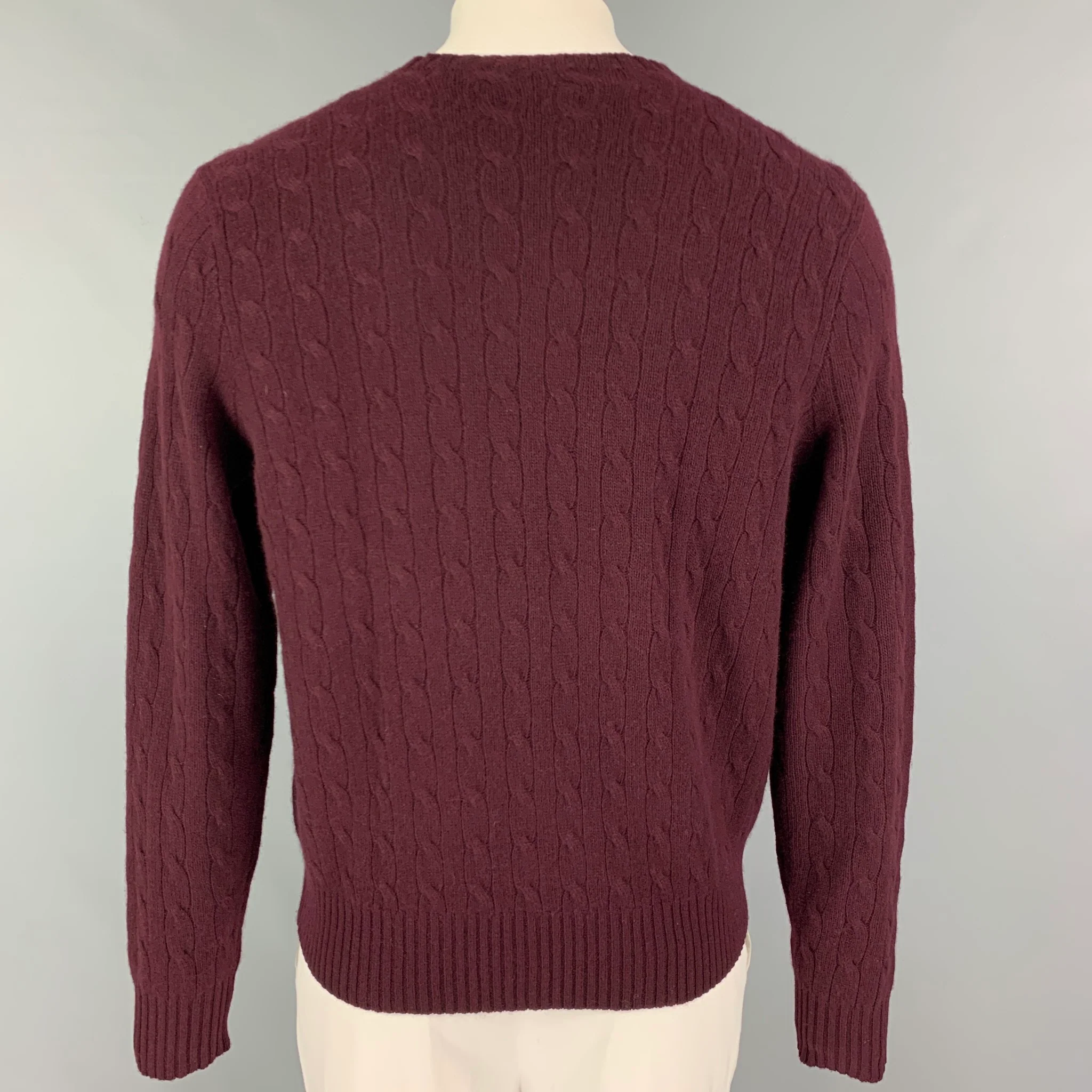 POLO by RALPH LAUREN Size L Burgundy Cable Knit Cashmere V-Neck Sweater - Image 3