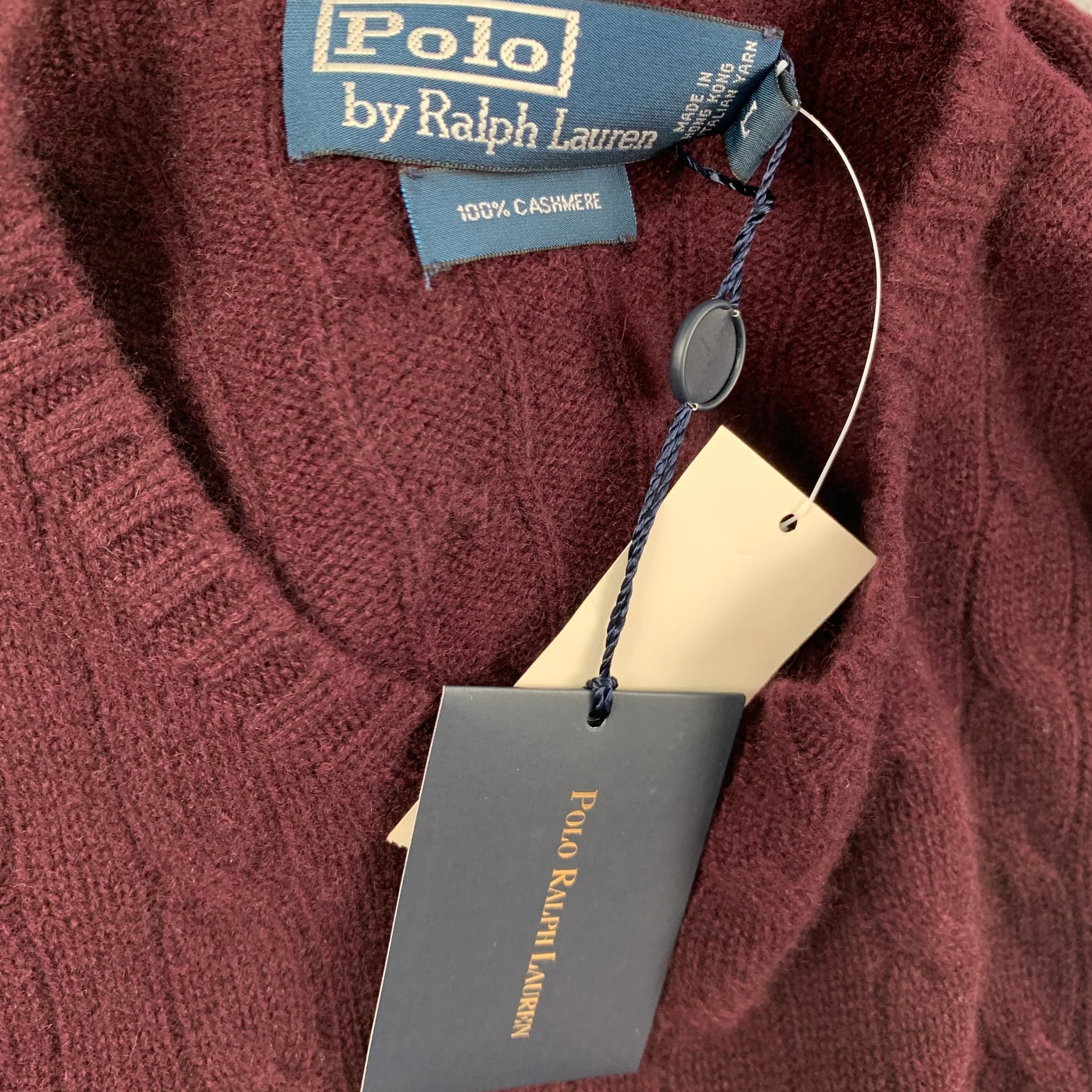POLO by RALPH LAUREN Size L Burgundy Cable Knit Cashmere V-Neck Sweater - Image 4