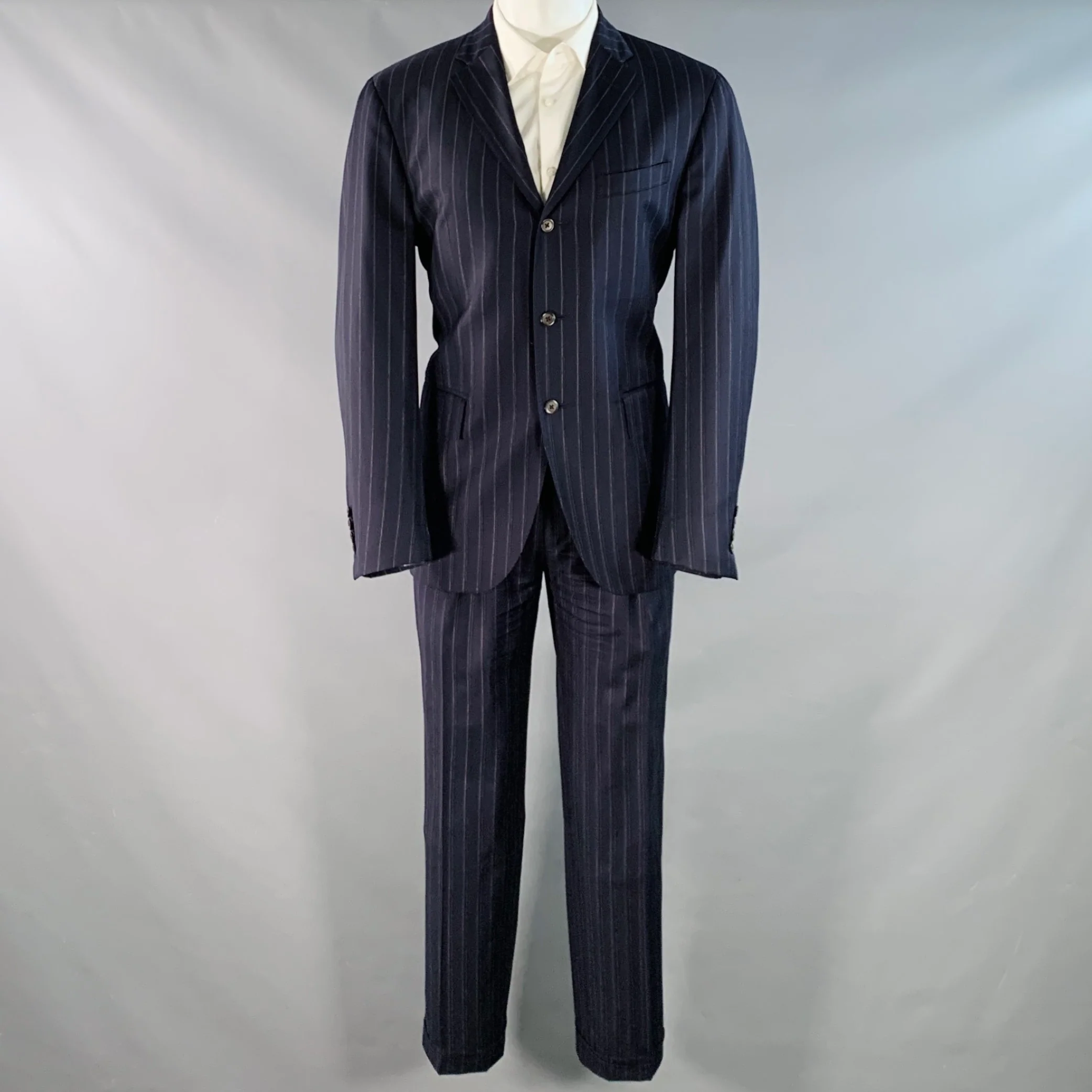 POLO by RALPH LAUREN Size L Regular Navy Grey Pinstripe Virgin Wool Suit - Image 2