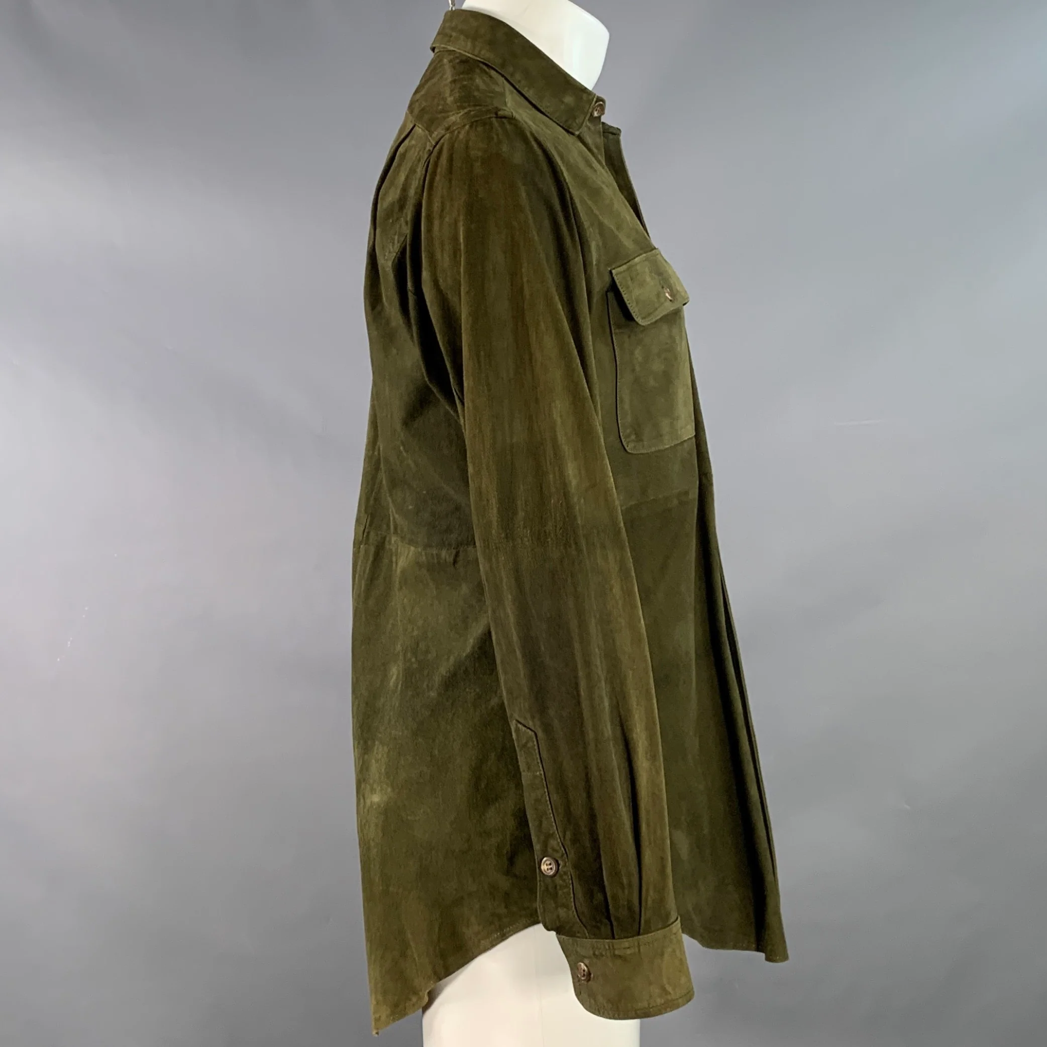 POLO by RALPH LAUREN Size M Green Suede Two Pockets Long Sleeve Shirt - Image 3