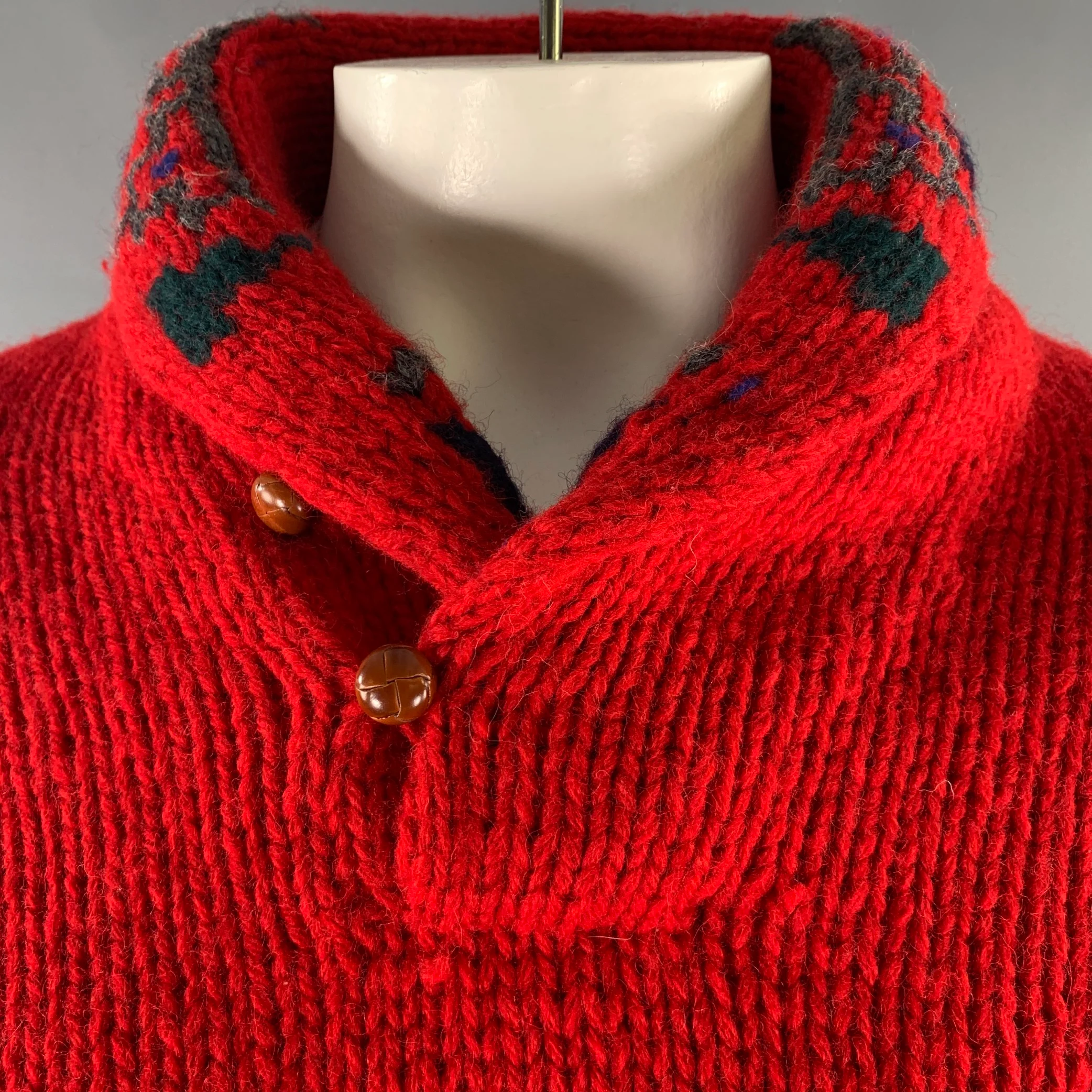 POLO by RALPH LAUREN Size XL Red Black Blue Knit Wool Shawl Sweater - Image 2