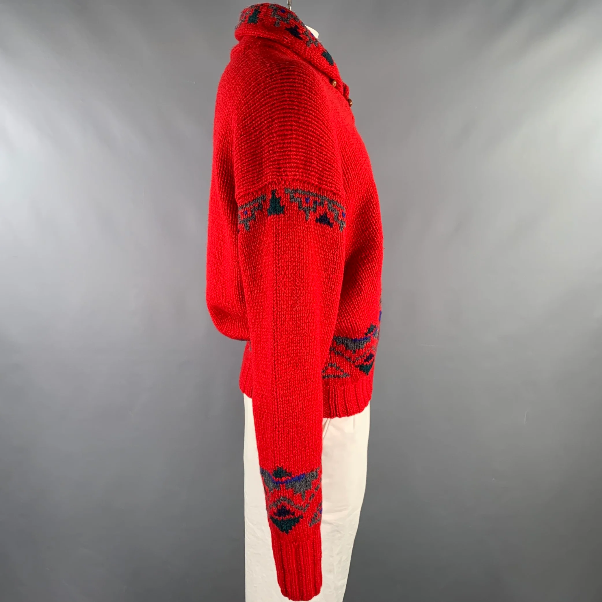 POLO by RALPH LAUREN Size XL Red Black Blue Knit Wool Shawl Sweater - Image 3