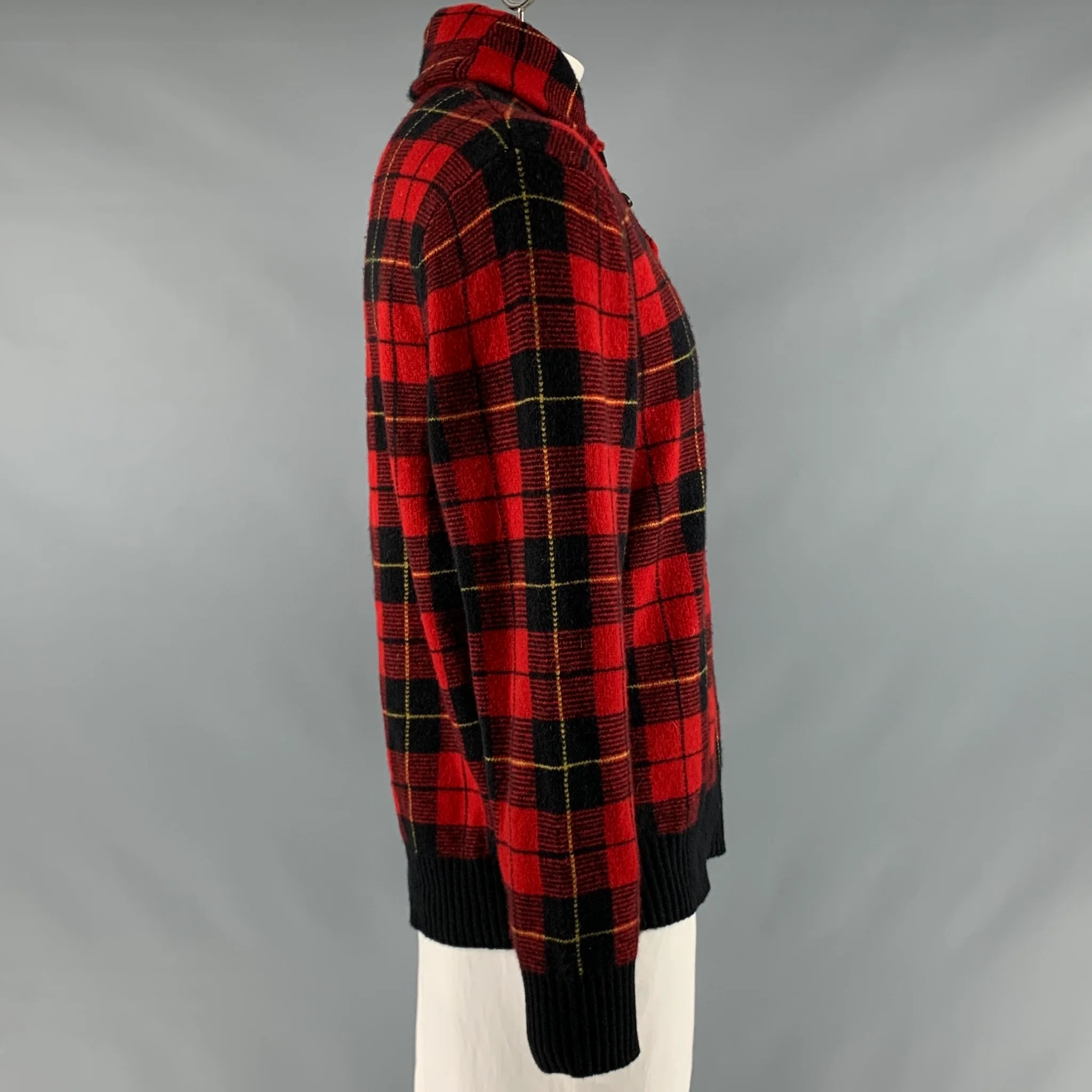 POLO by RALPH LAUREN Size XL Red Black Plaid Lambswool Shawl Collar Sweater - Image 3