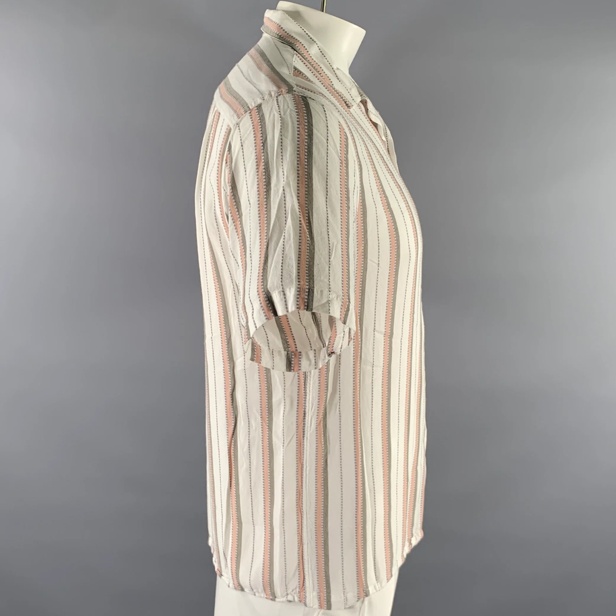 PORTUGUESE FLANNEL Size L Cream Olive Pink Stripe Viscose Short Sleeve Shirt - Image 3