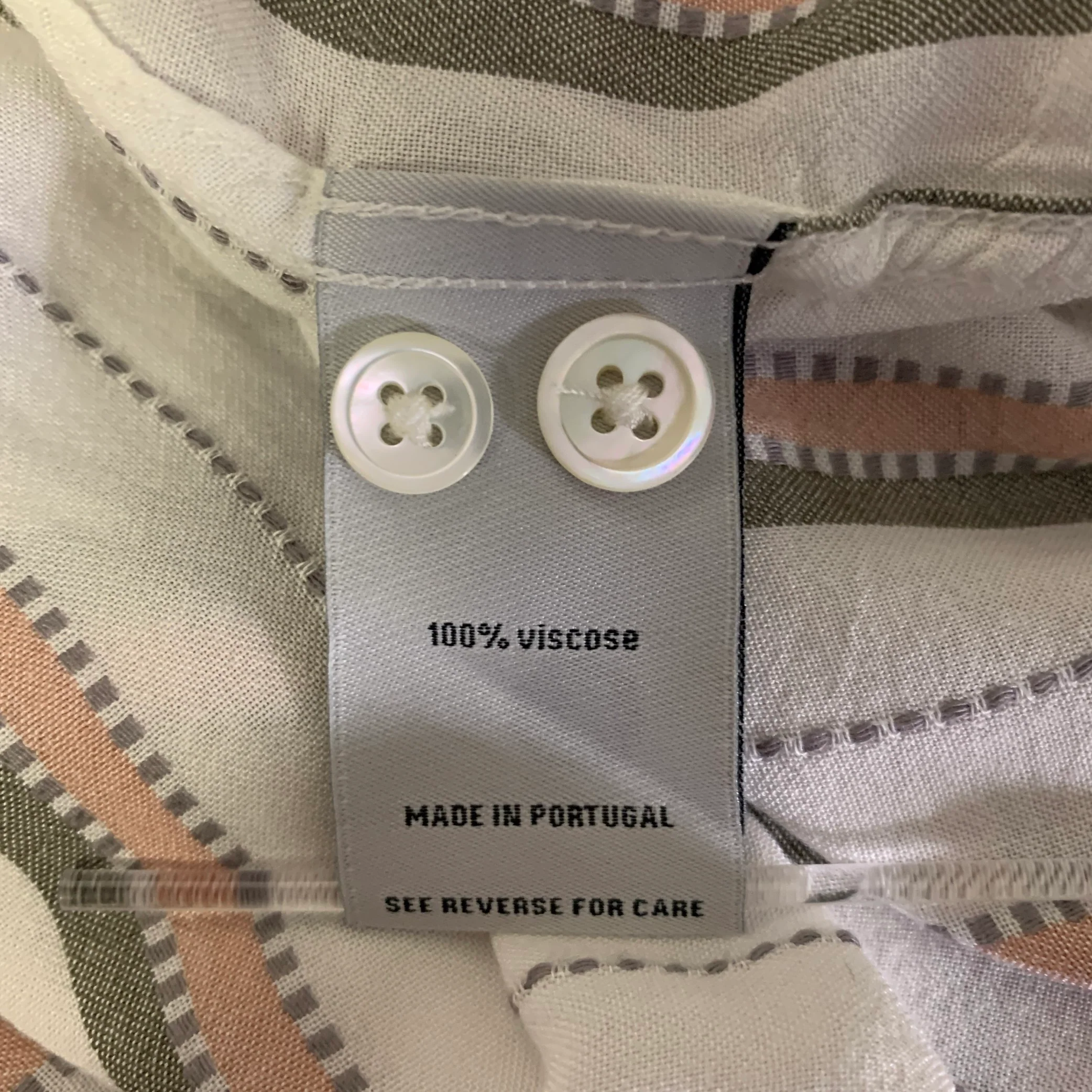 PORTUGUESE FLANNEL Size L Cream Olive Pink Stripe Viscose Short Sleeve Shirt - Image 7