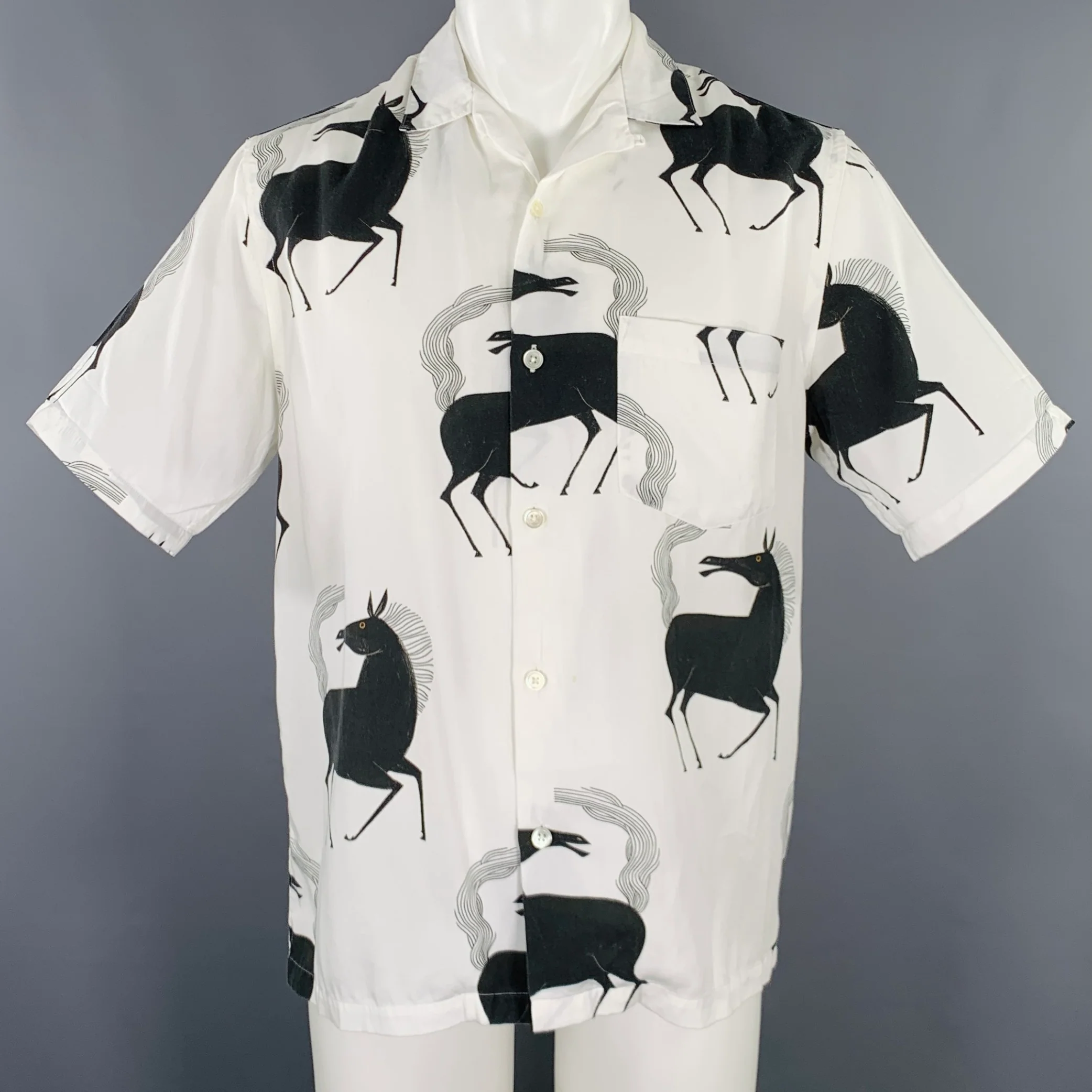 PORTUGUESE FLANNEL Size M White Black Print Lyocell Camp Short Sleeve Shirt