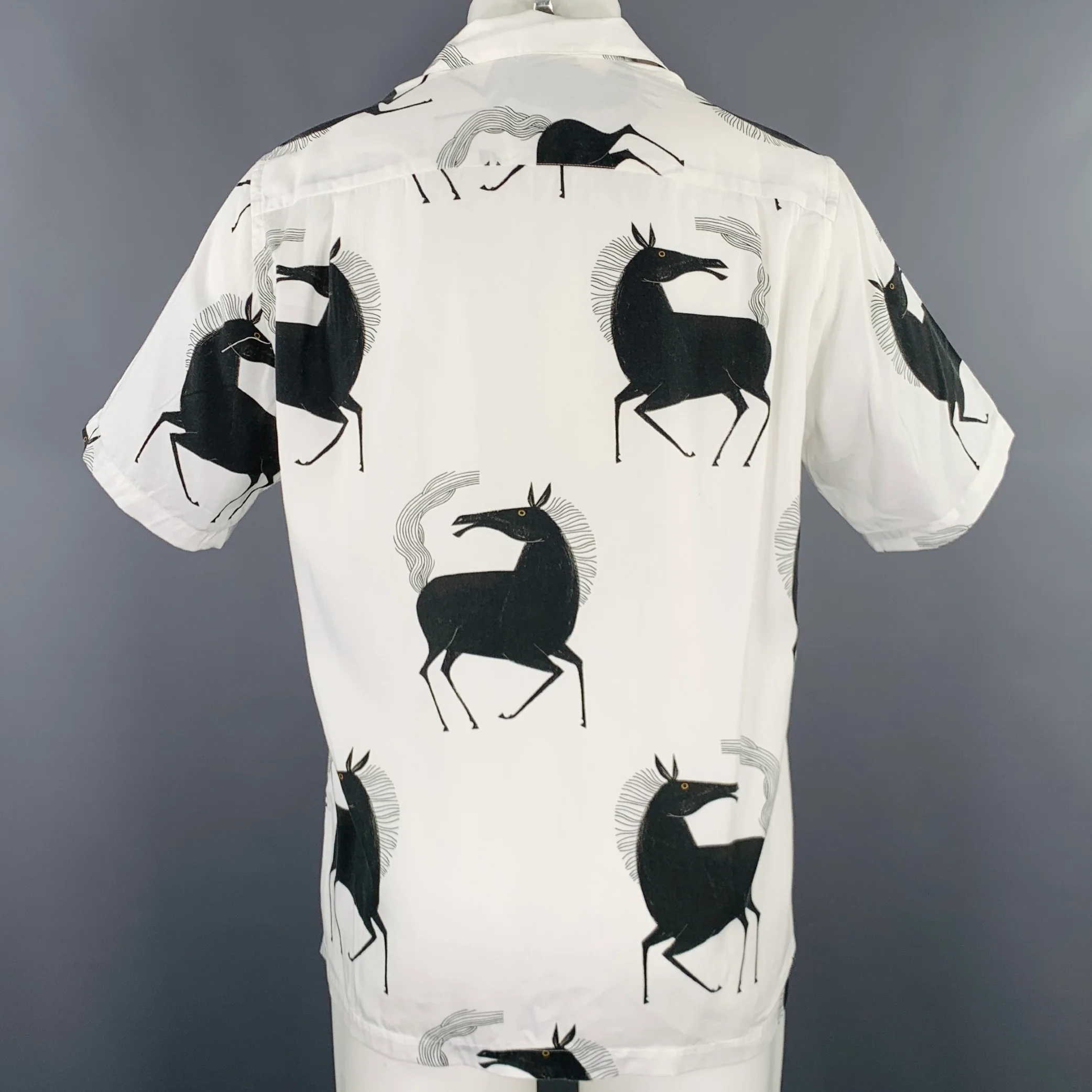 PORTUGUESE FLANNEL Size M White Black Print Lyocell Camp Short Sleeve Shirt - Image 4