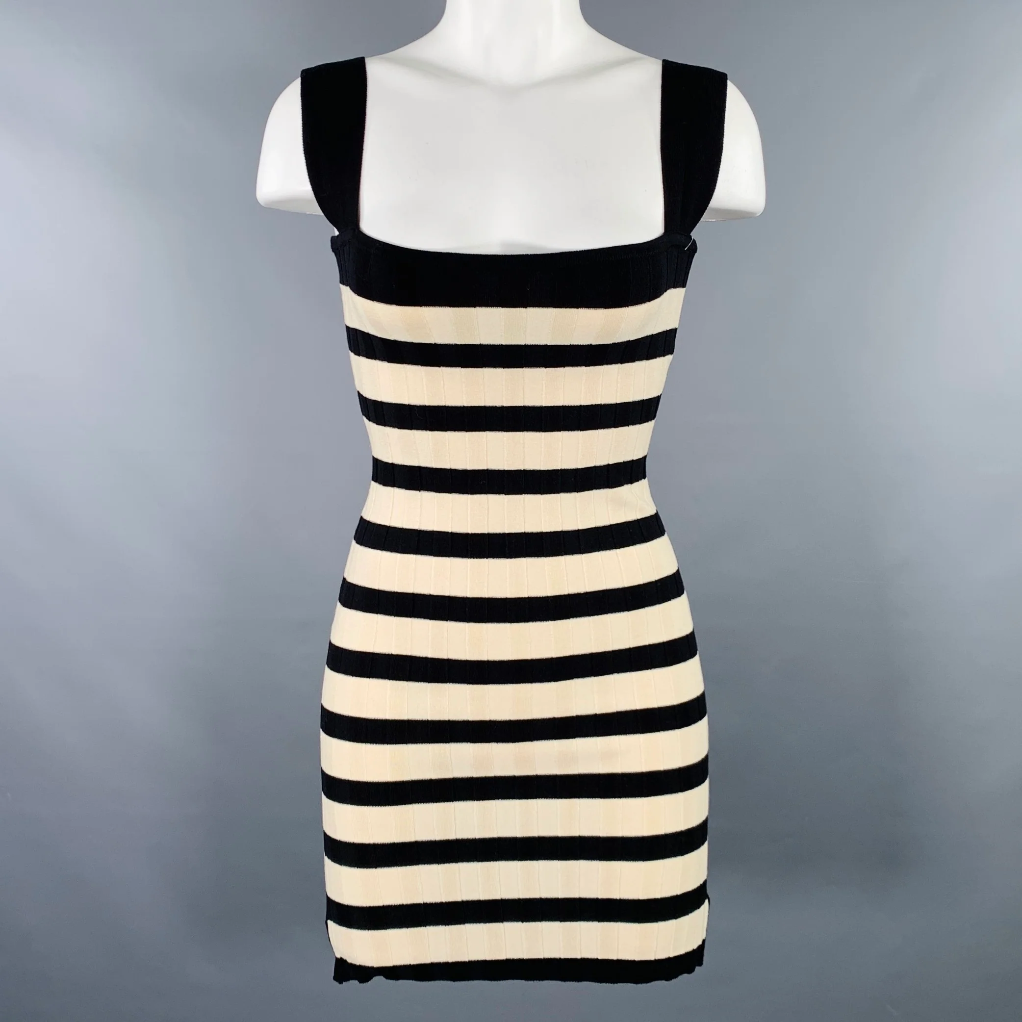 POSSE Size S Black Cream Viscose Blend Stripe Ribbed Dress