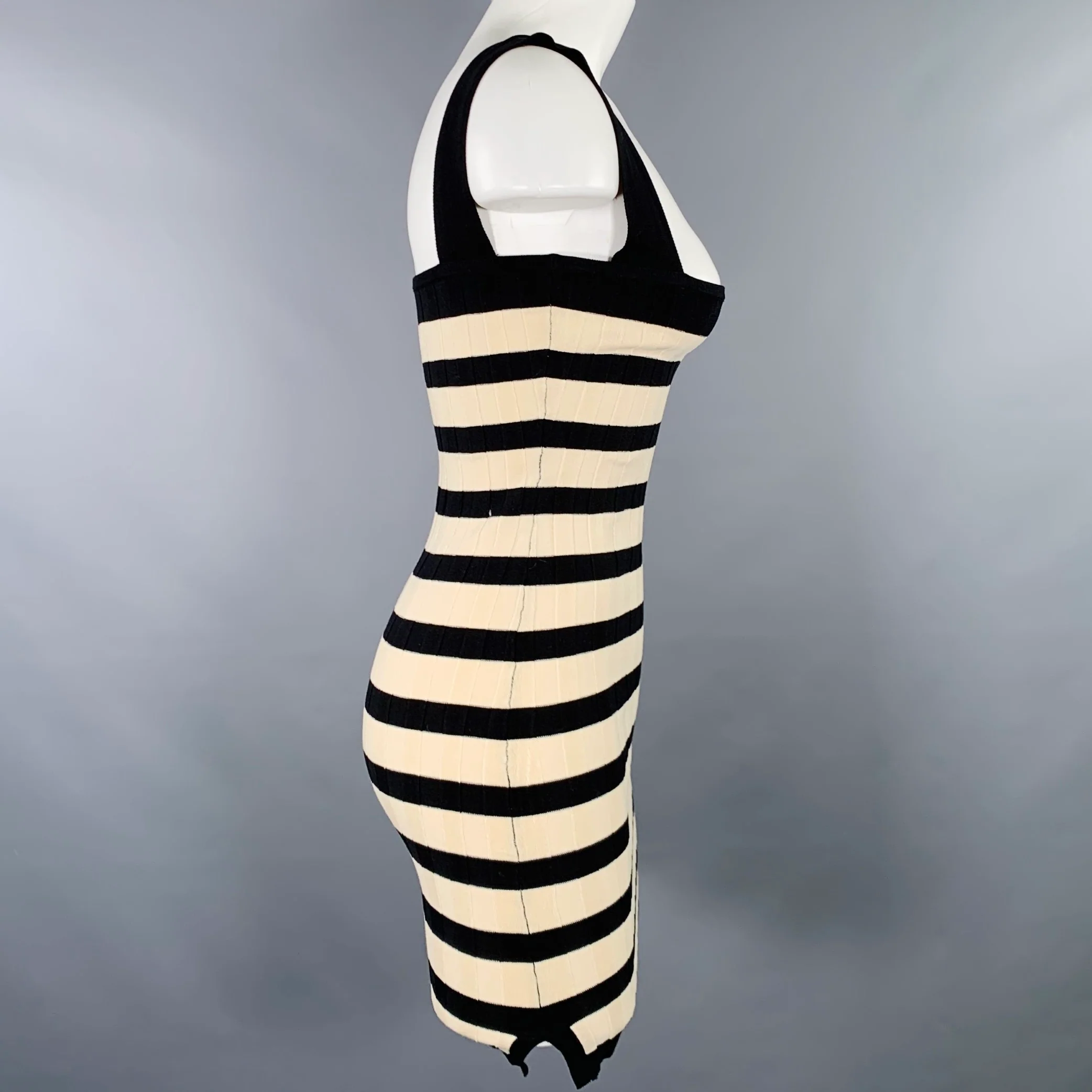 POSSE Size S Black Cream Viscose Blend Stripe Ribbed Dress - Image 2