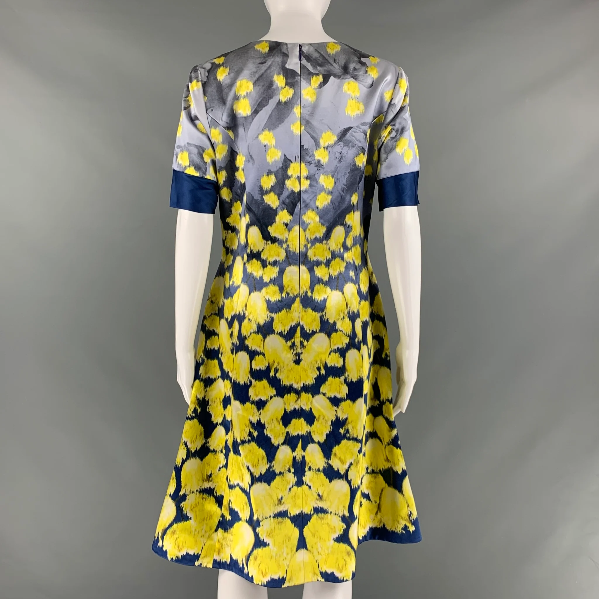 PRABAL GURUNG Size 10 Blue Yellow Cotton Silk Print A-Line Dress - Image 4