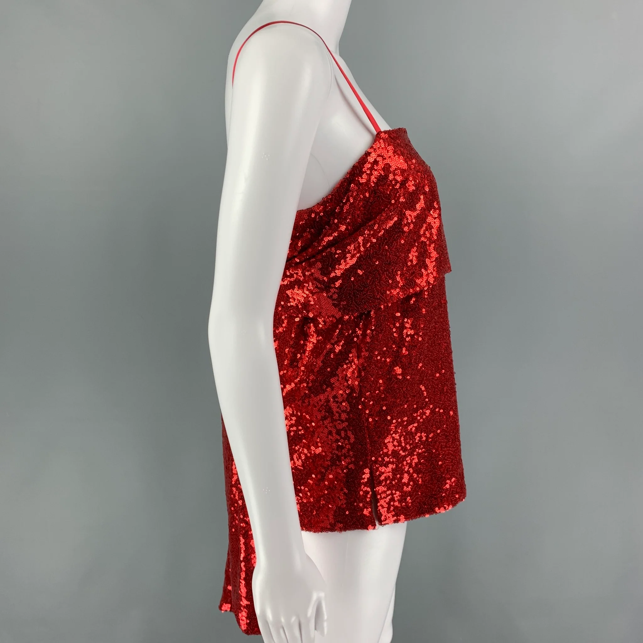 PRABAL GURUNG Size 2 Red Polyester Sequined Spaghetti Straps Dress Top - Image 2