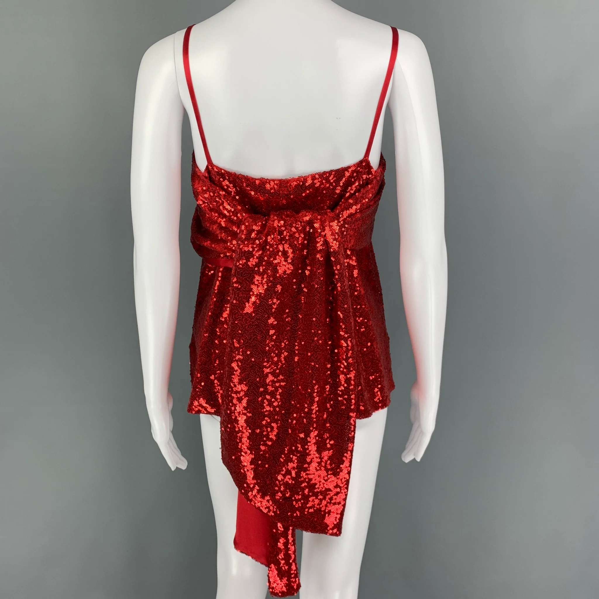 PRABAL GURUNG Size 2 Red Polyester Sequined Spaghetti Straps Dress Top - Image 3