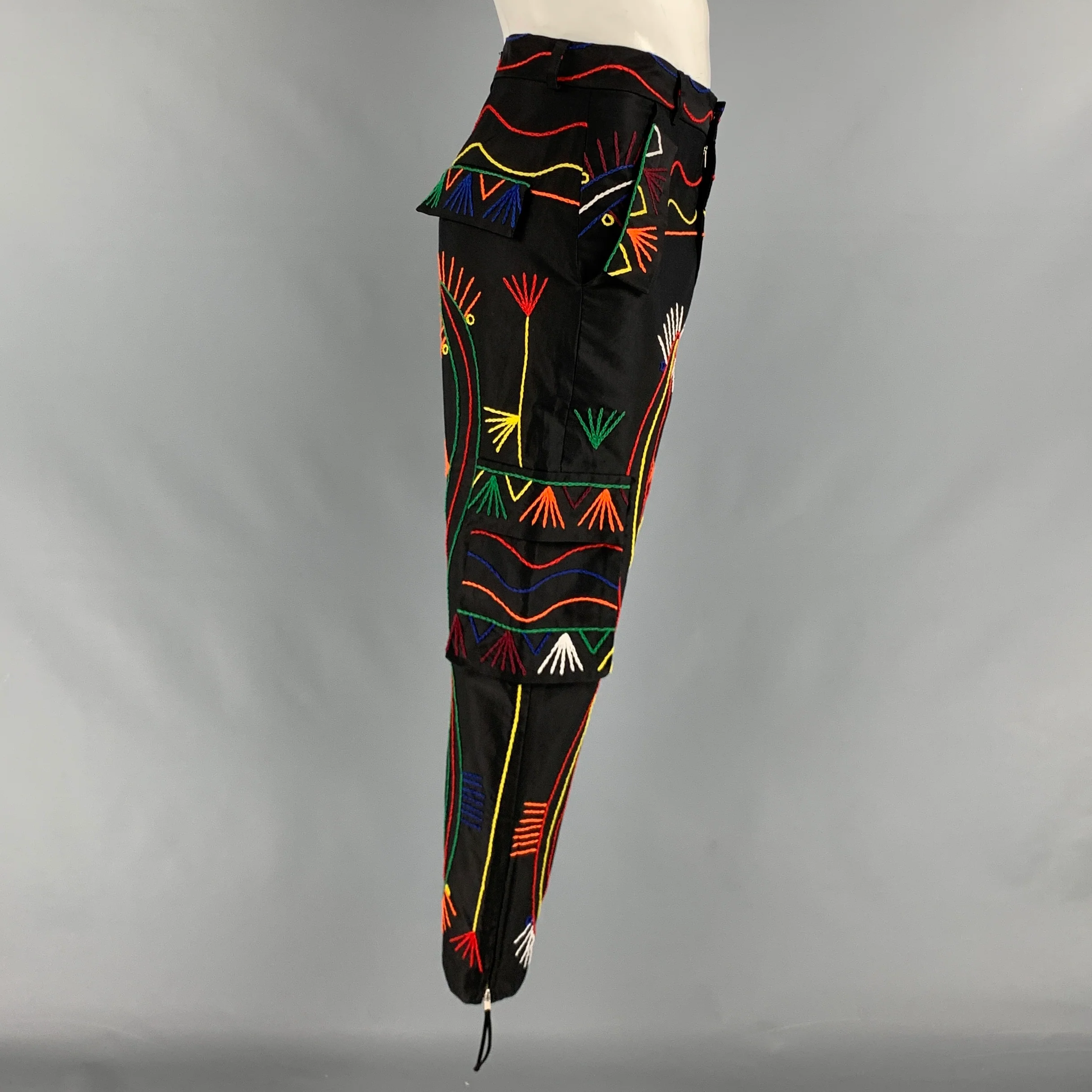 PRABAL GURUNG Size 34 Black Multi-Color Embroidery Cropped Casual Pants - Image 3