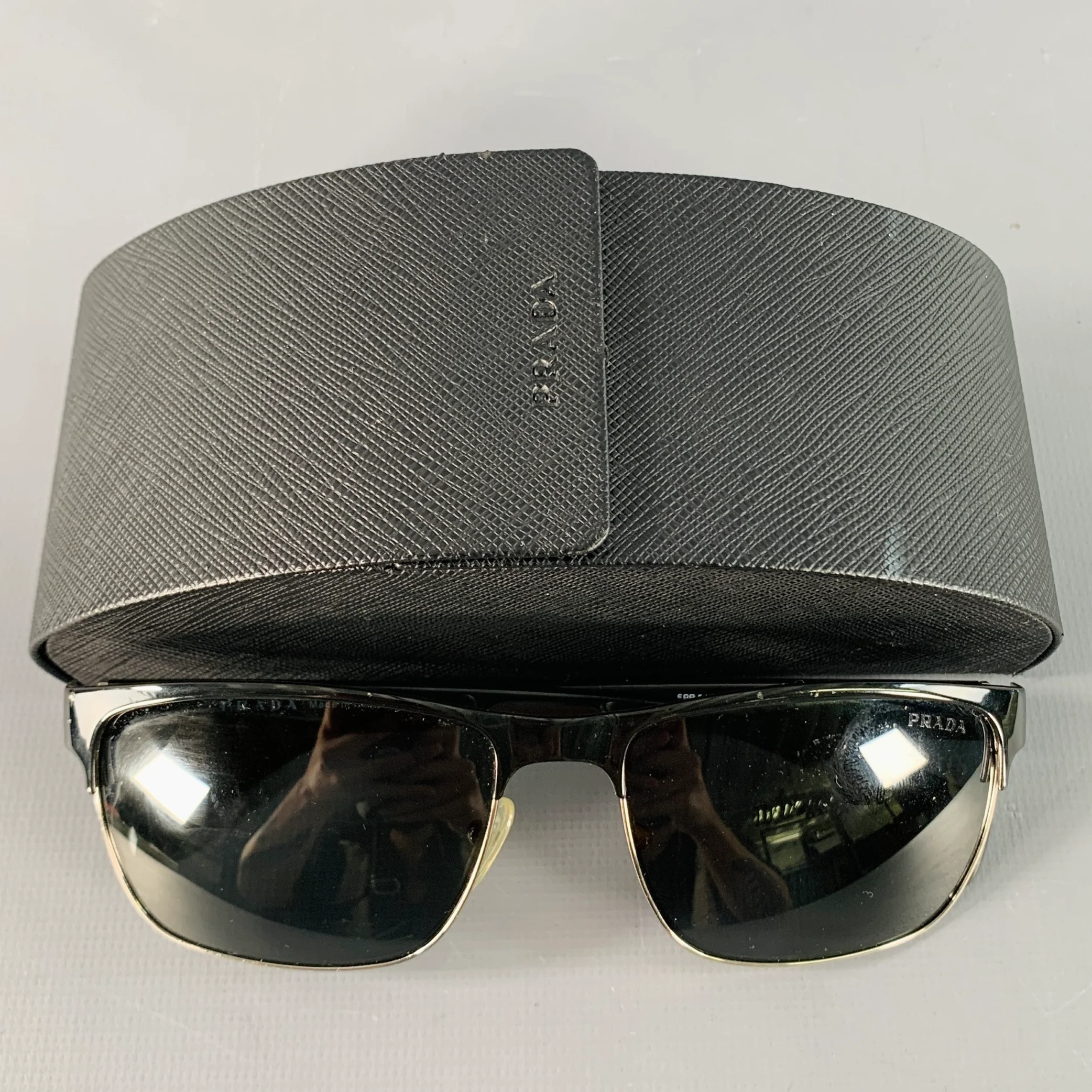 PRADA Black Silver Acetate Metal Semi Rimless Sunglasses - Image 8