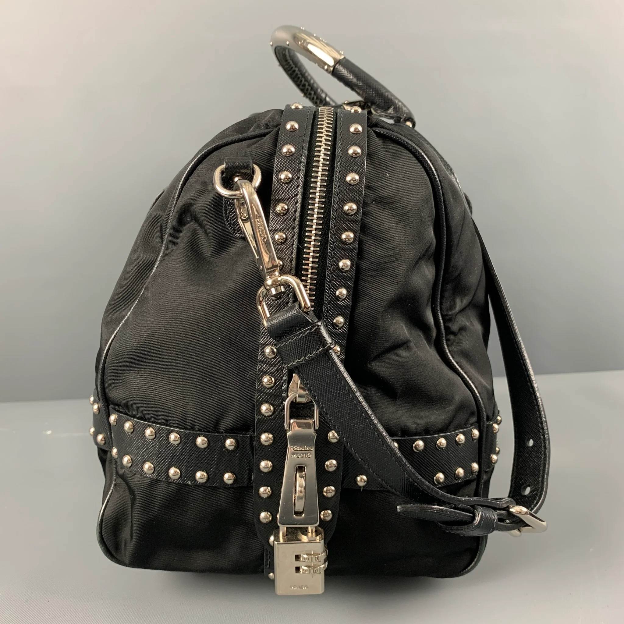PRADA Black Studded Leather Trim Nylon Duffle Bags - Image 5
