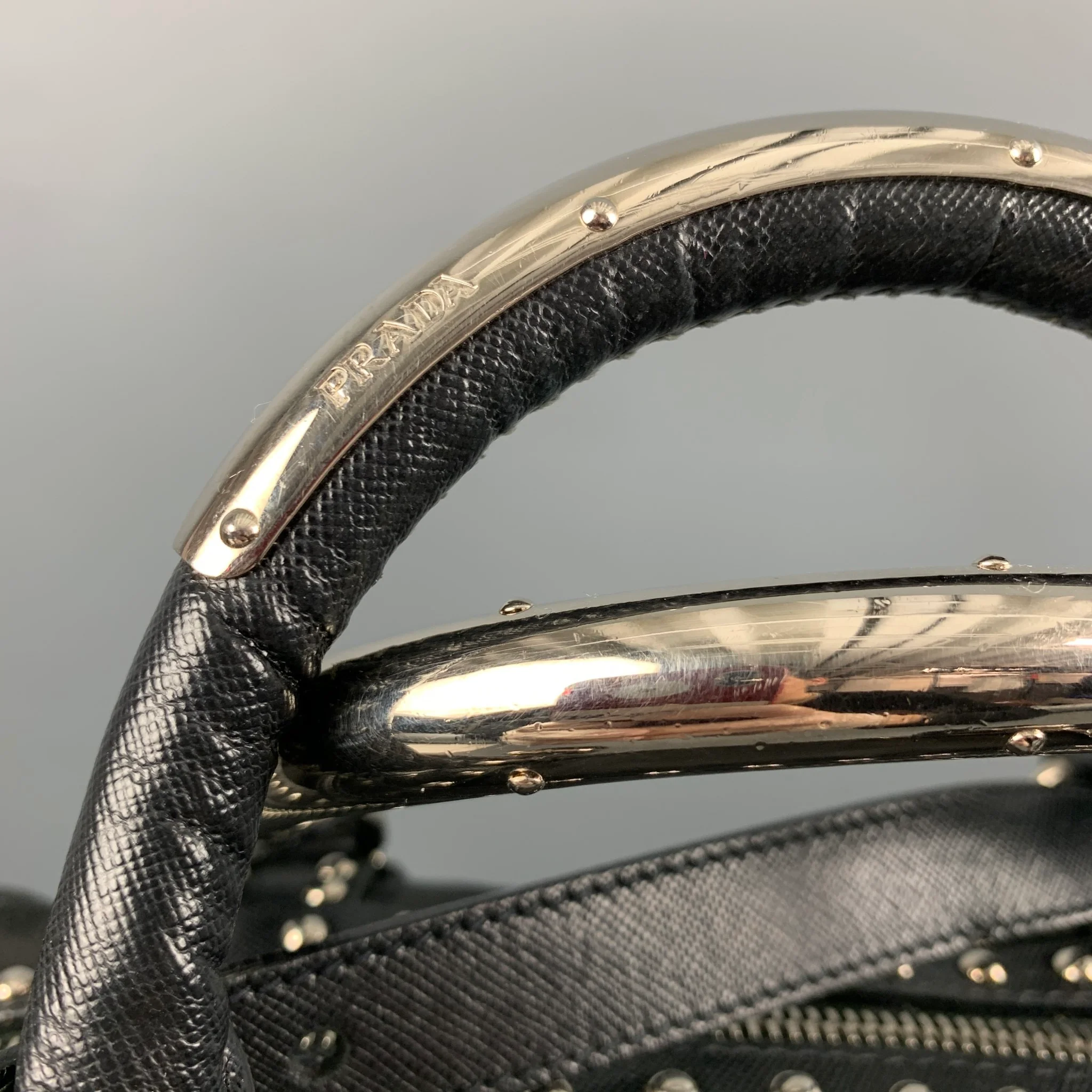 PRADA Black Studded Leather Trim Nylon Duffle Bags - Image 8
