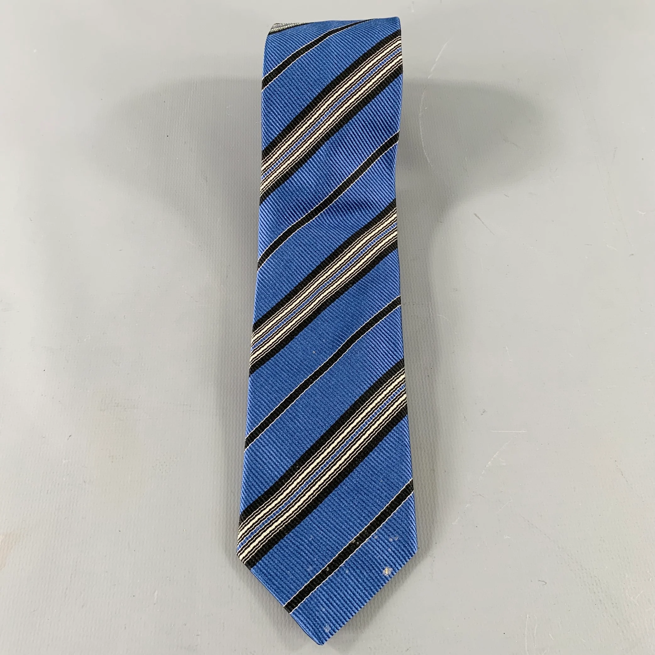 PRADA Blue Black White Diagonal Stripe Silk Tie - Image 2