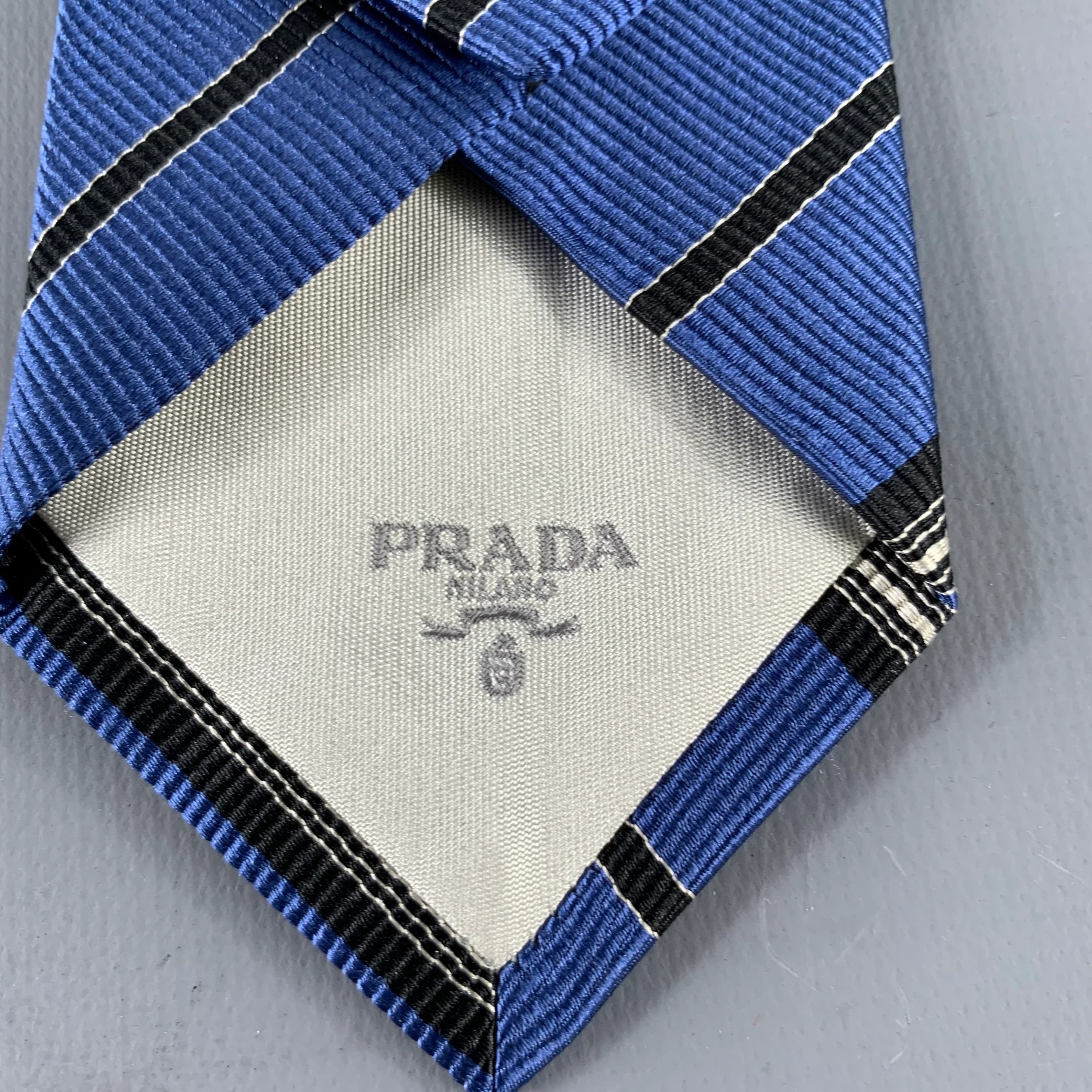 PRADA Blue Black White Diagonal Stripe Silk Tie - Image 3