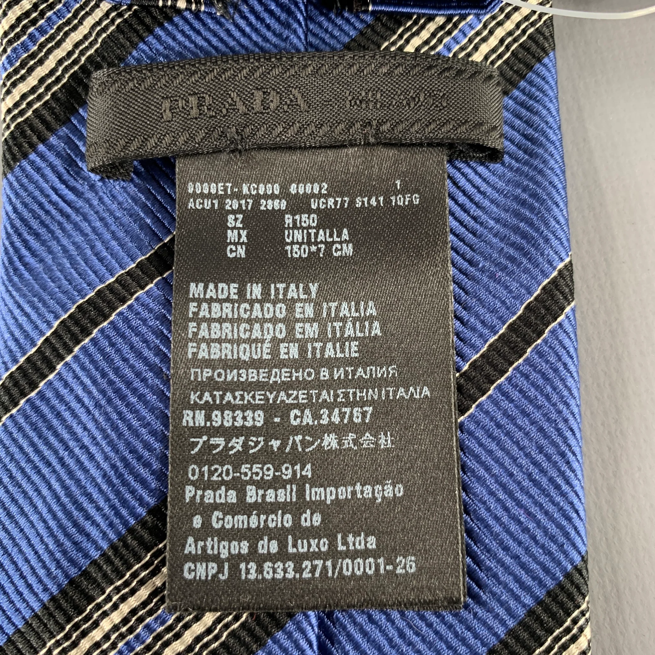 PRADA Blue Black White Diagonal Stripe Silk Tie - Image 4