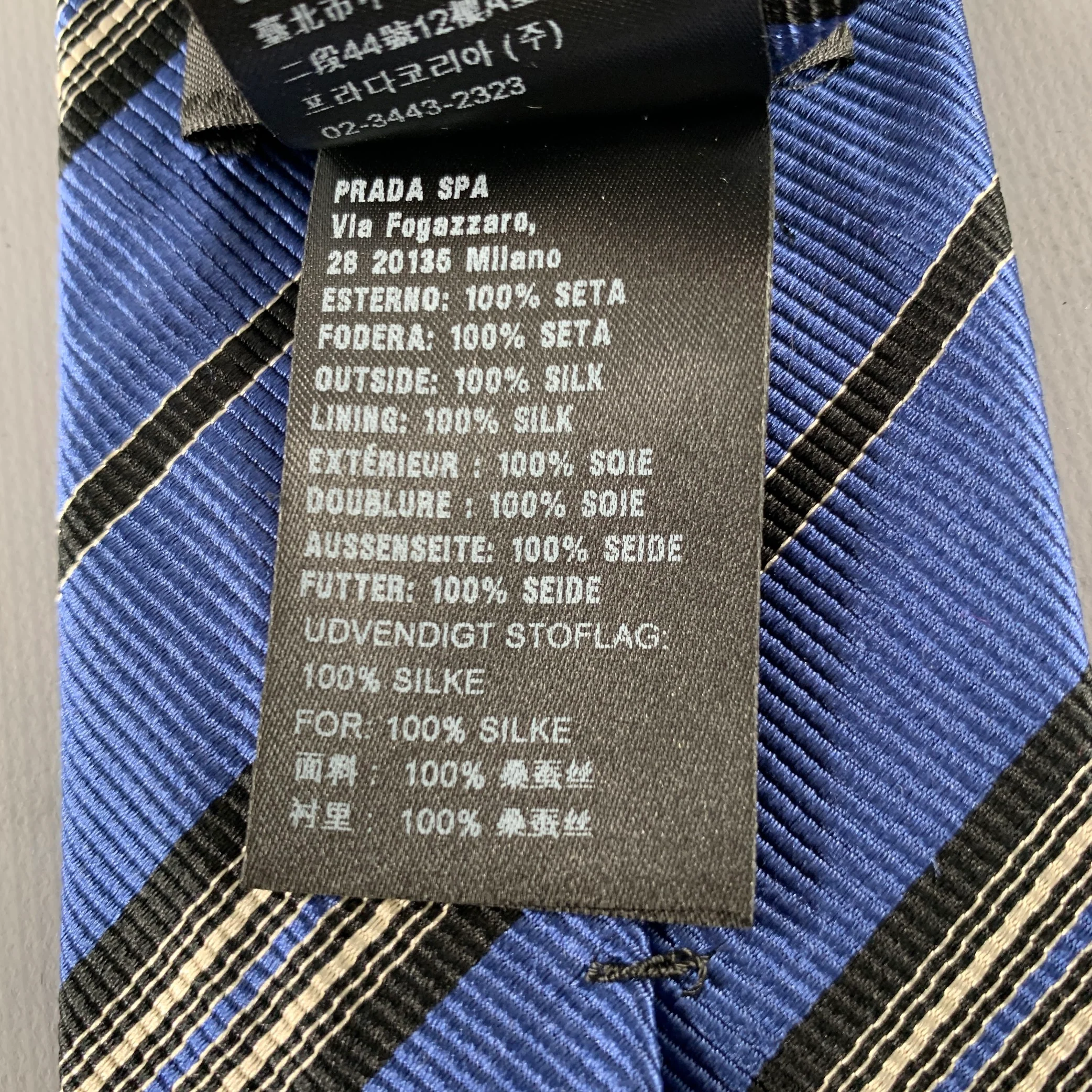 PRADA Blue Black White Diagonal Stripe Silk Tie - Image 5