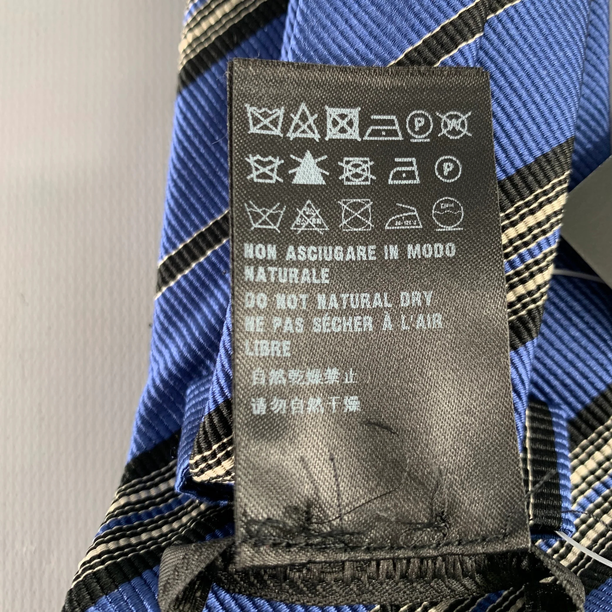 PRADA Blue Black White Diagonal Stripe Silk Tie - Image 6