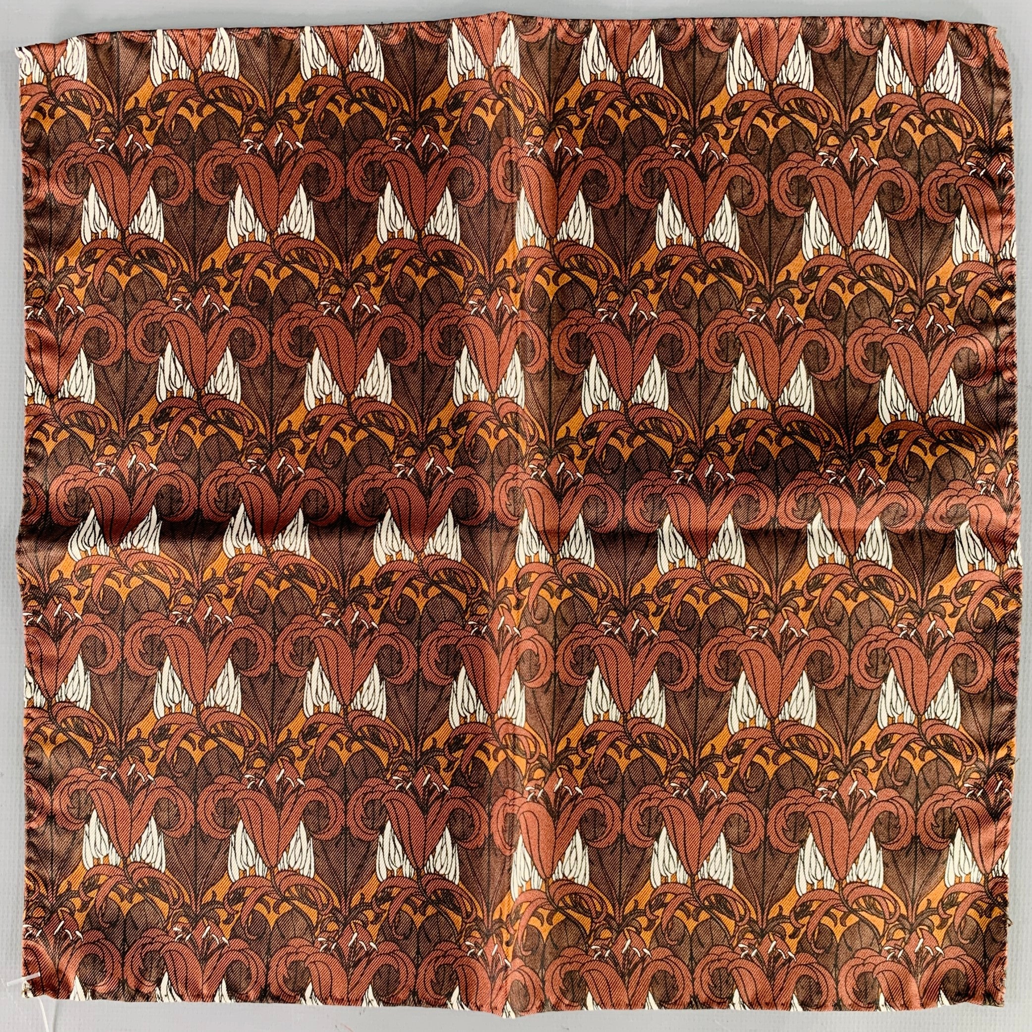 PRADA Brown White Abstract Floral Pocket Square