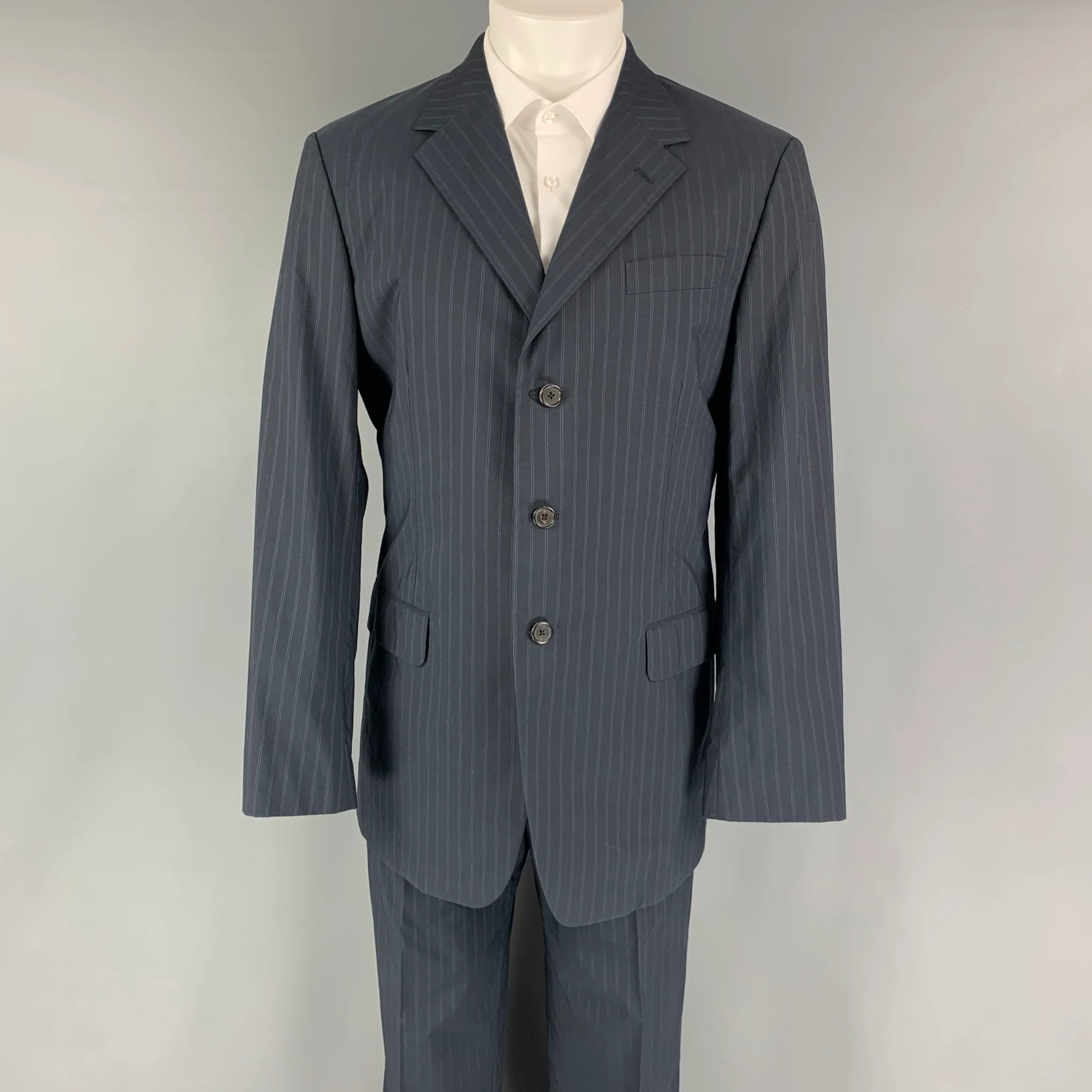 PRADA Chest Size 40 Navy Blue Stripe Cotton Single breasted 34 32 Suit