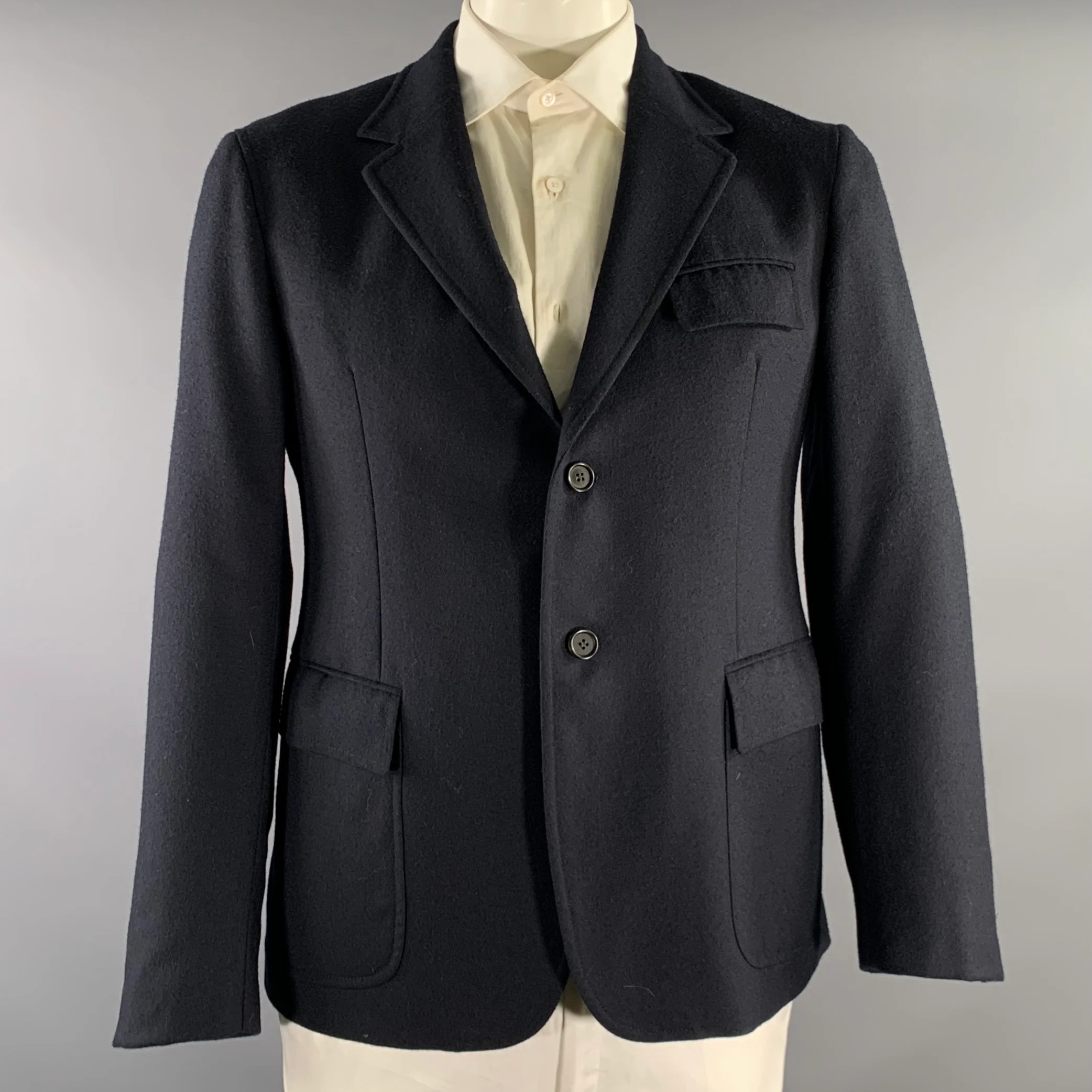 PRADA Chest Size 42 Navy Solid Wool Notch Lapel Sport Coat