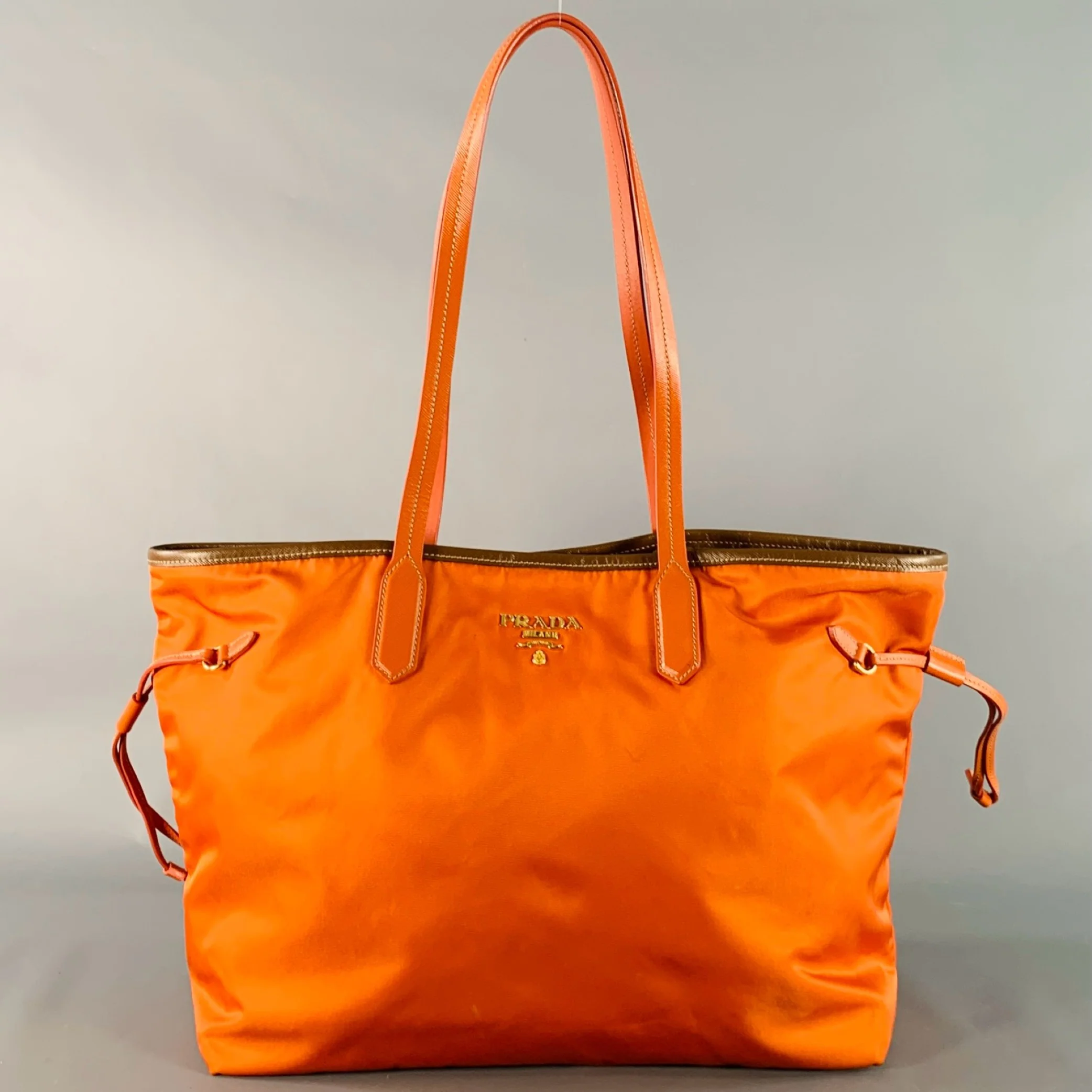 PRADA Orange Gold Saffiano Nylon Leather Trim Tote Handbag