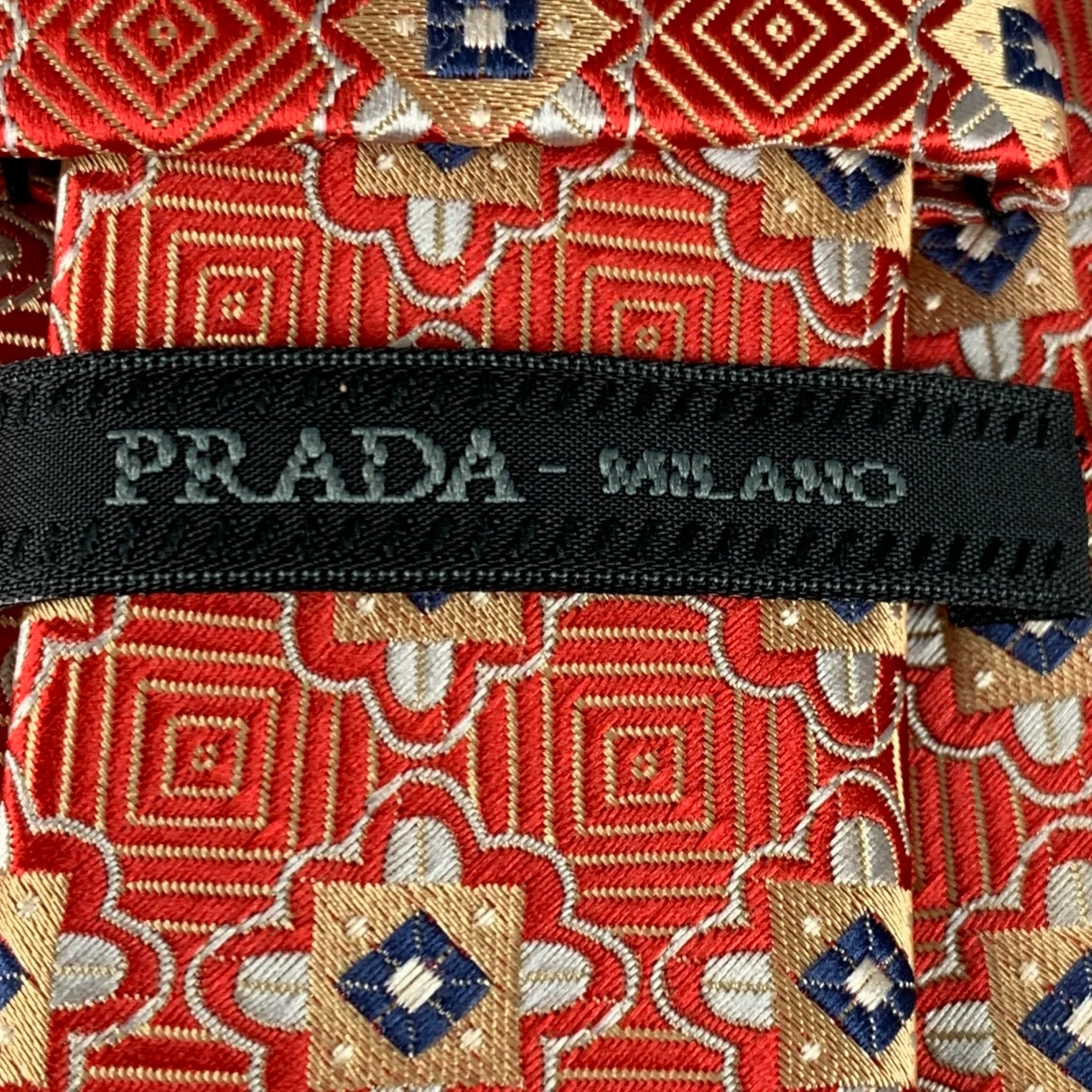PRADA Red Gold Jacquard Silk Tie - Image 4