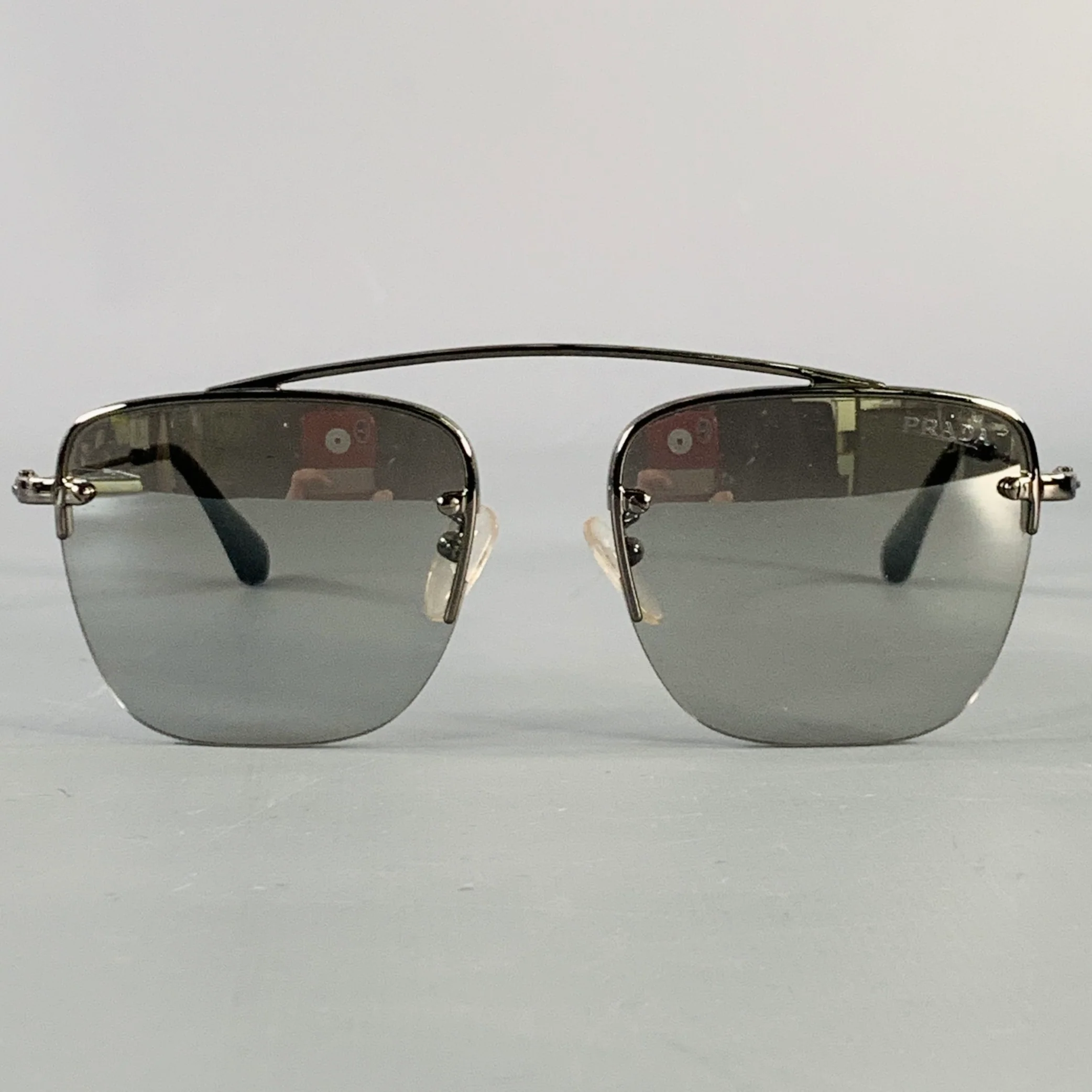 PRADA Silver Metal Square Semi Rimless Sunglasses
