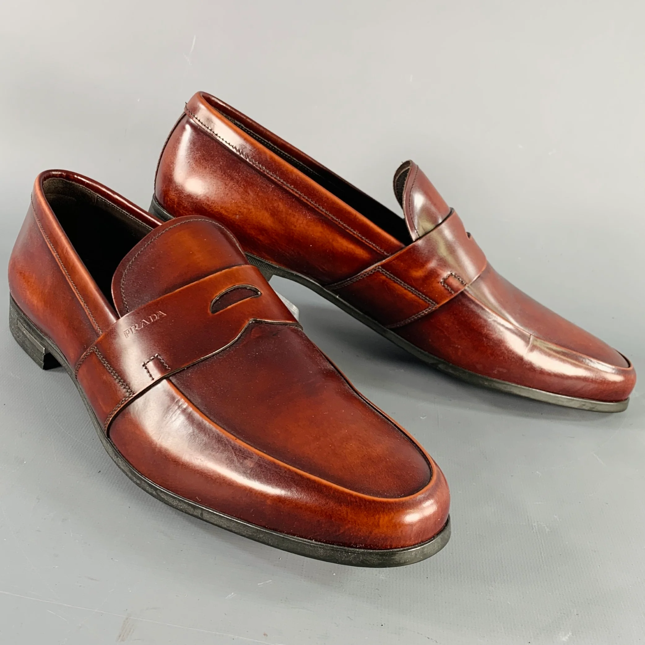 PRADA Size 10 Brown Leather Penny Loafers