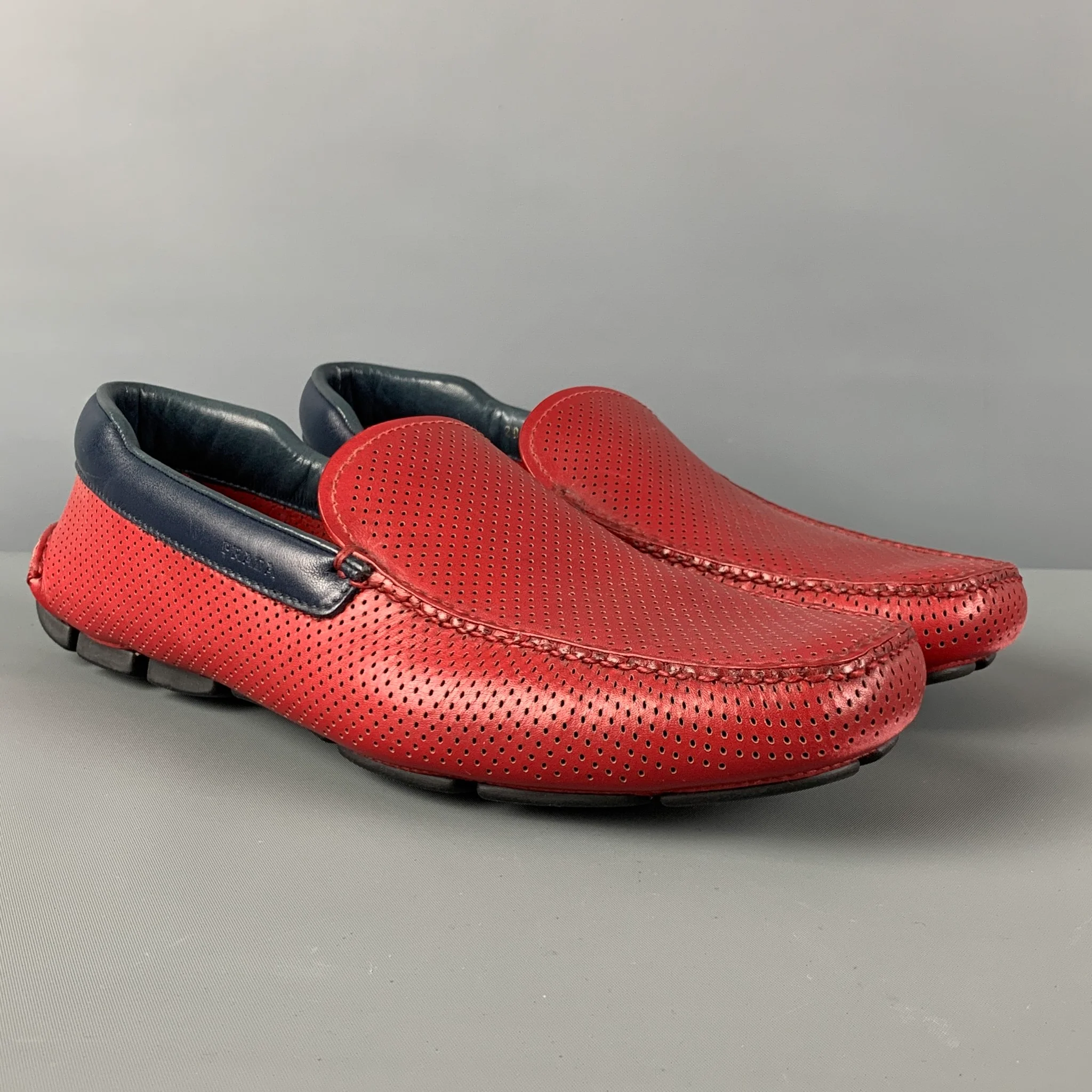 PRADA Size 10 Red Perforated Leather Square Toe Loafers - Image 2