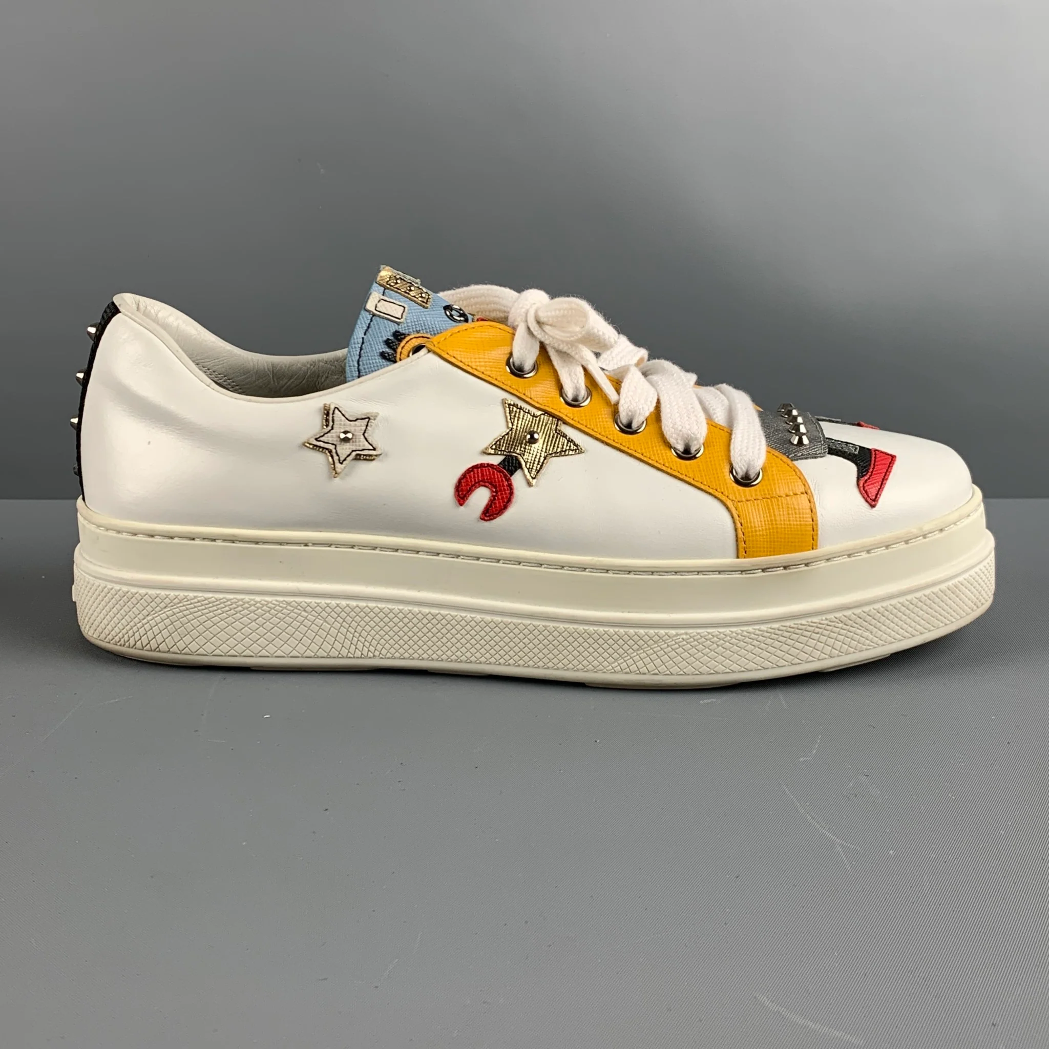 PRADA Size 10 White Multi-Color Leather Aplique Low Top Sneakers - Image 2