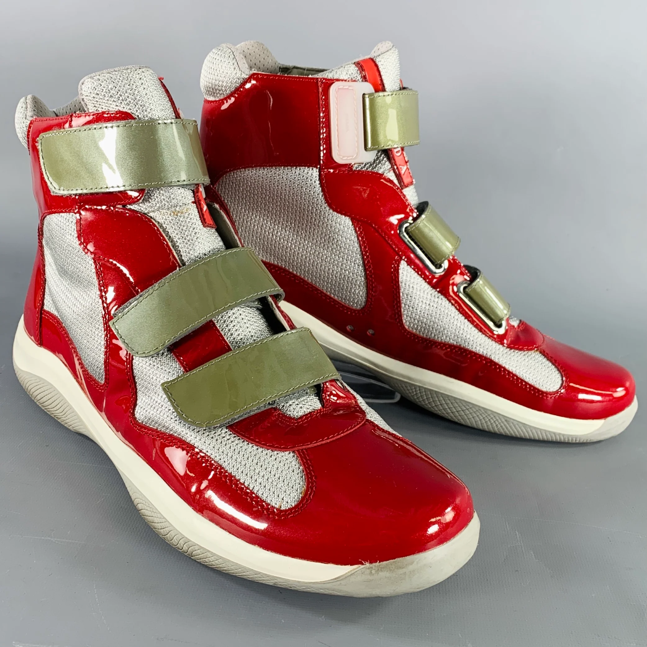 PRADA Size 11 America's Cup Red Silver Mesh High Top Sneakers