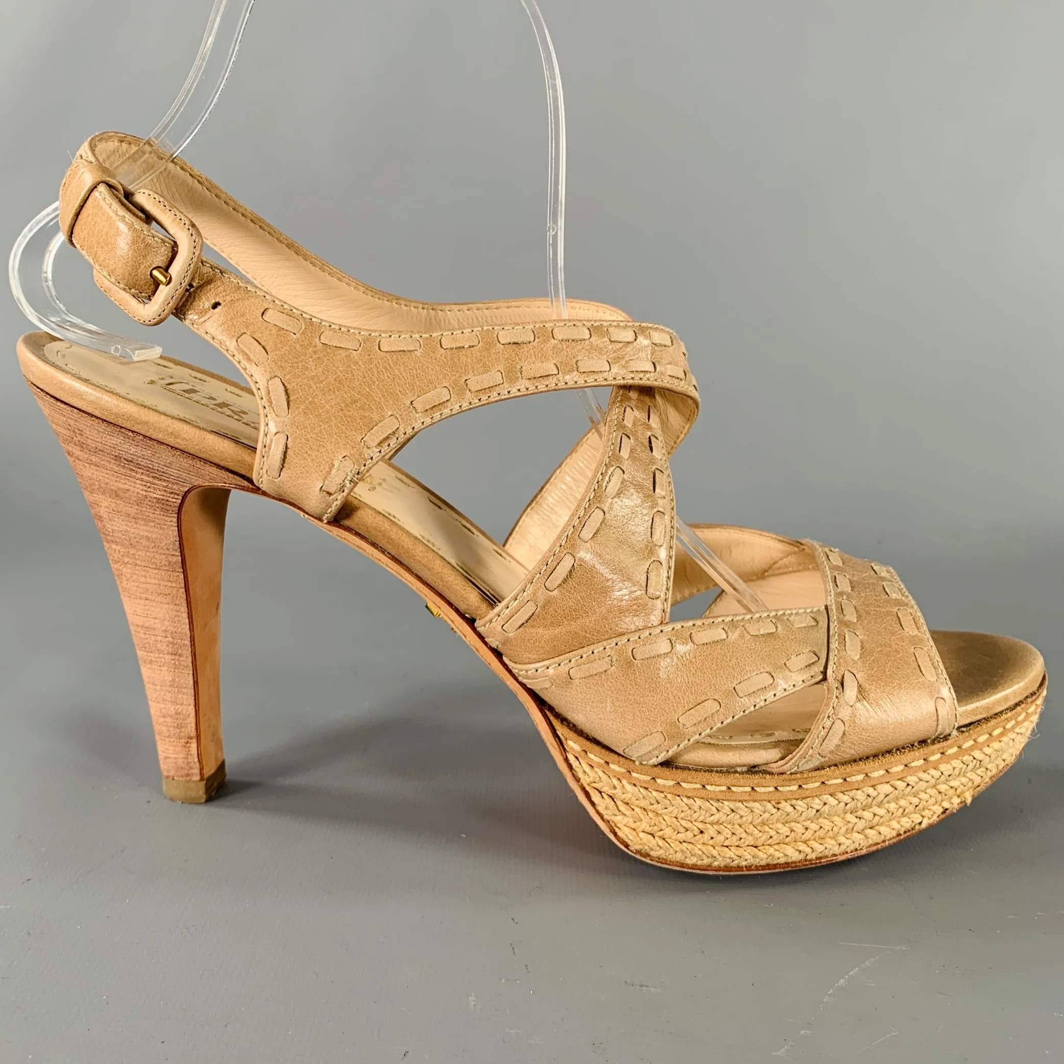 PRADA Size 11 Beige Taupe Leather Woven Espadrille Sandals - Image 2