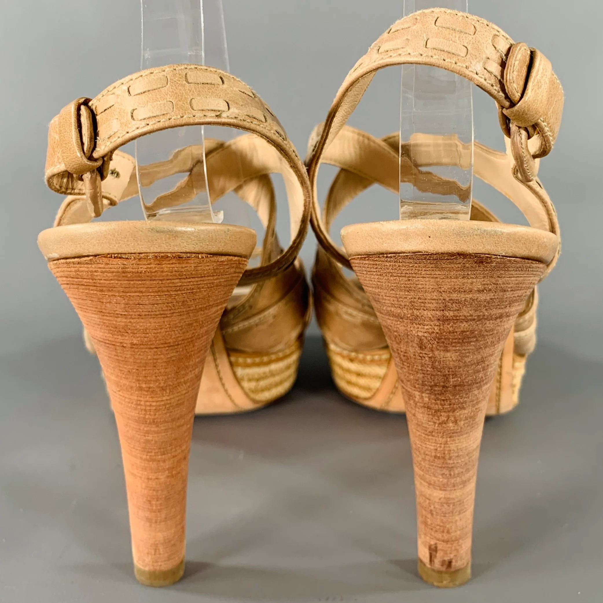 PRADA Size 11 Beige Taupe Leather Woven Espadrille Sandals - Image 3