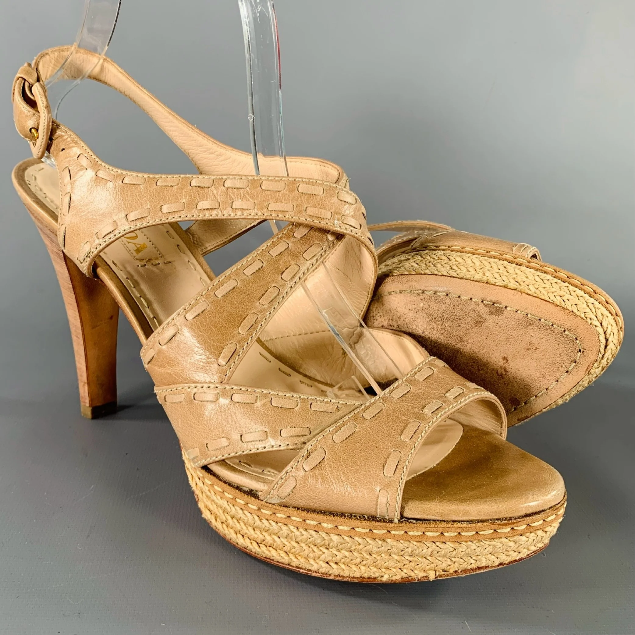 PRADA Size 11 Beige Taupe Leather Woven Espadrille Sandals - Image 5