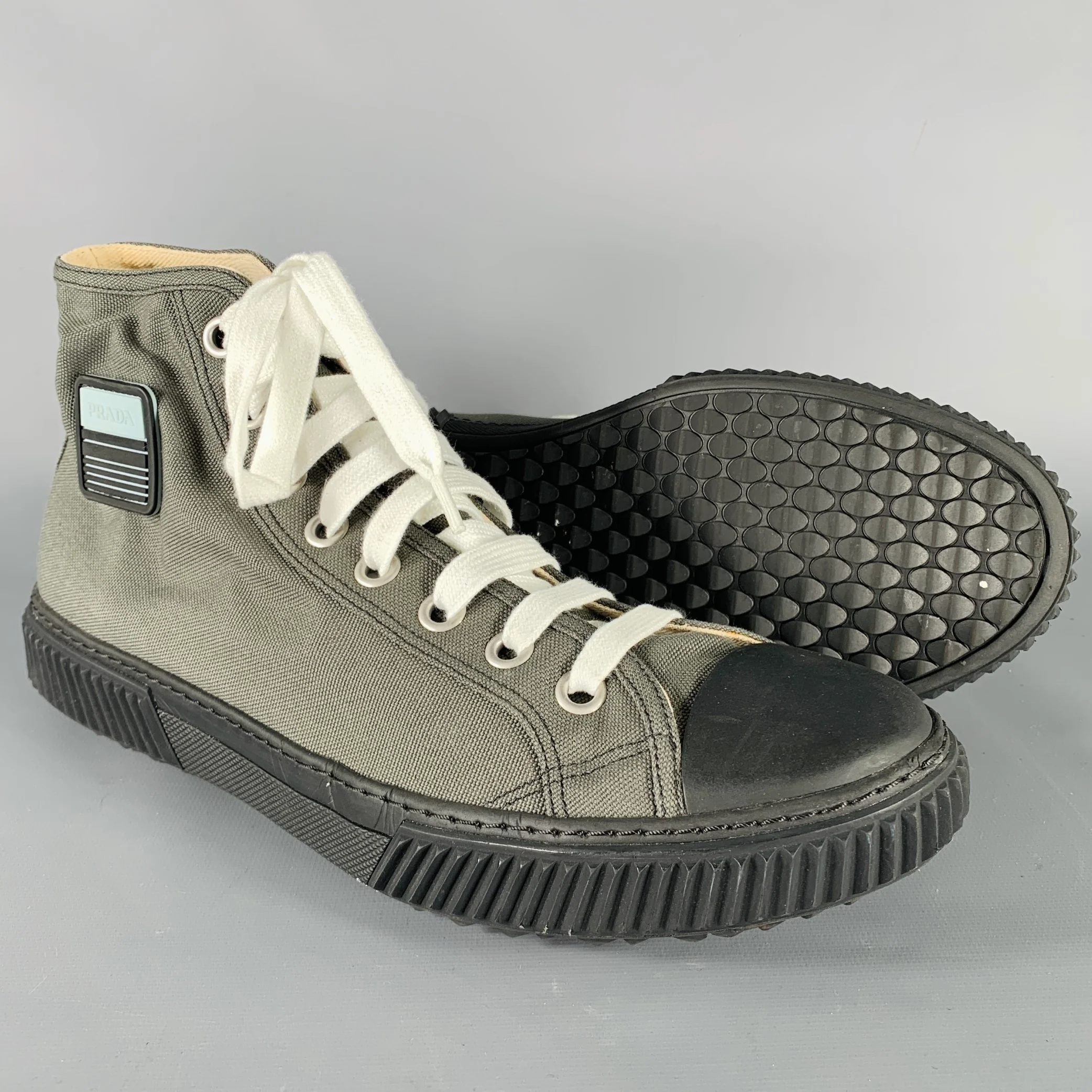 PRADA Size 11 Grey Black Canvas High Top Sneakers - Image 5