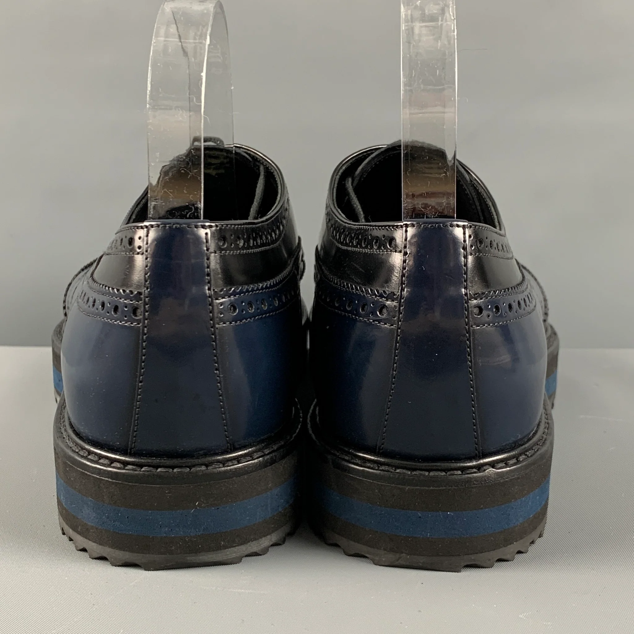 PRADA Size 11 Navy Black Perforated Leather Platform Lace Up Shoes - Image 3